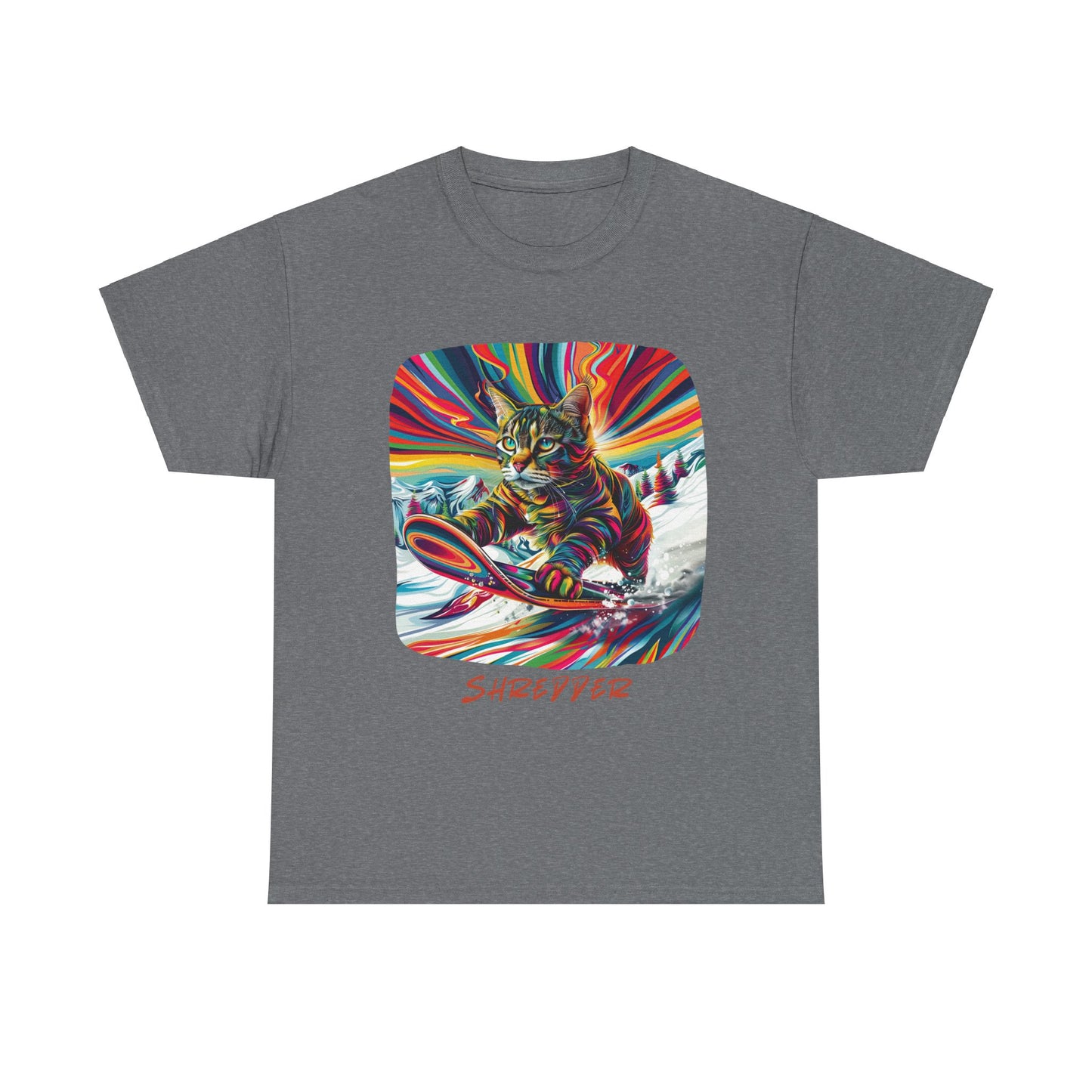 Shredder Snowboard Cat Graphic Tee - Extreme Winter Sports Ski Cat Art Gift - Cool Cats Unisex Heavy Cotton Tee T-Shirt