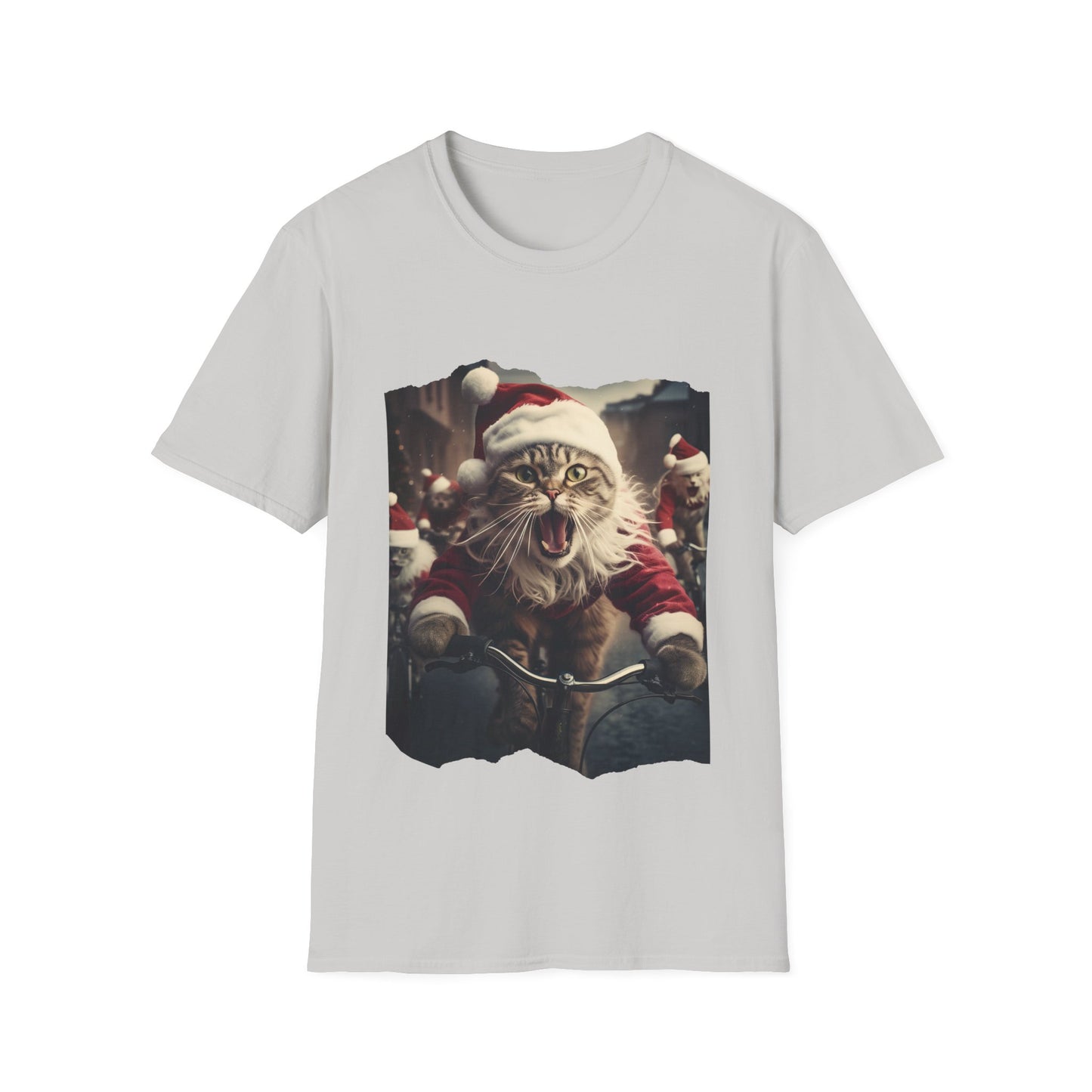 Screaming Cats on Bikes Holiday Christmas Cat Shirt, Cat Lover's Graphic Tee Graphic Unisex T- Shirt, T-Shirt Cat Lovers Gift Softstyle T-Shirt Tee Christmas JumperTeeshirt Stylized Cat
