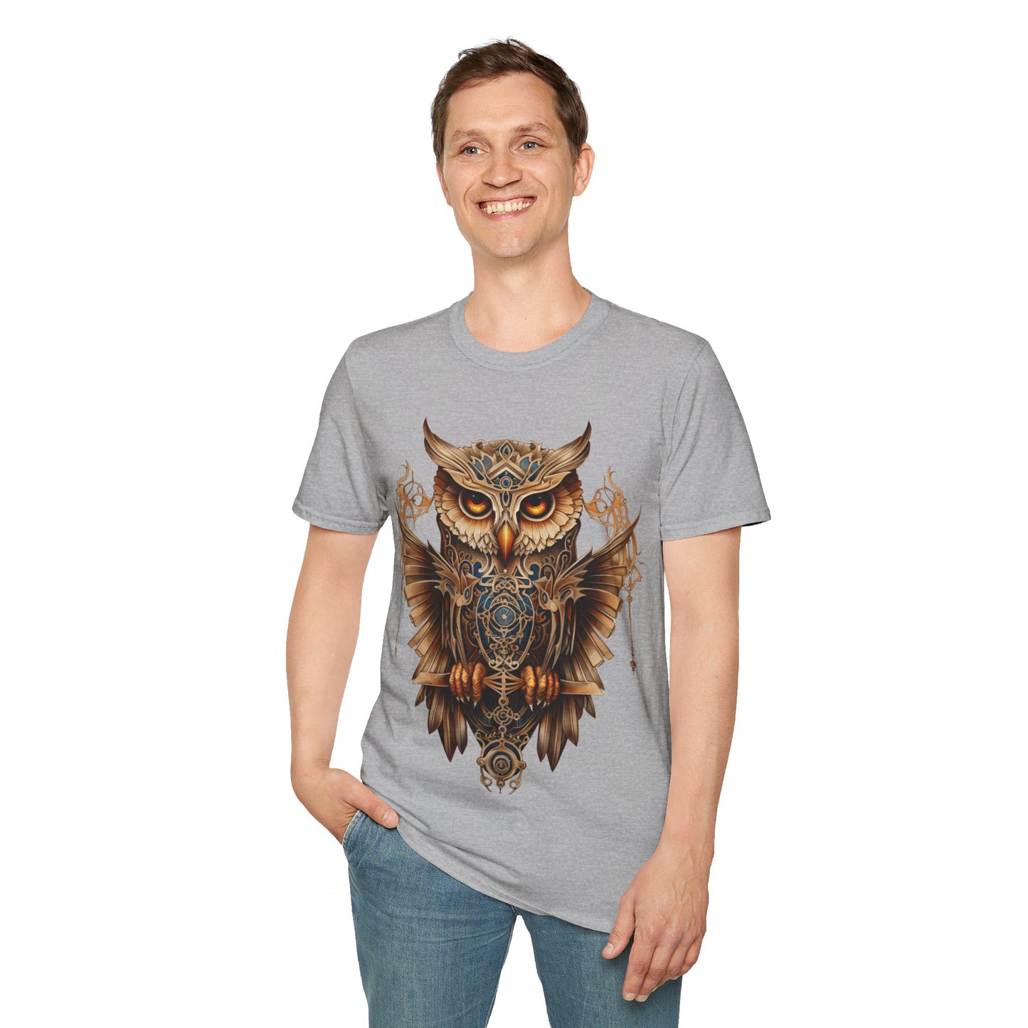 Art Deco Style Owl, Golden Owl Shirt, 1920's Steampunk Owl Christmas Gift Unisex Tee Shirt, T-Shirt Softstyle T-Shirt Tee Teeshirt