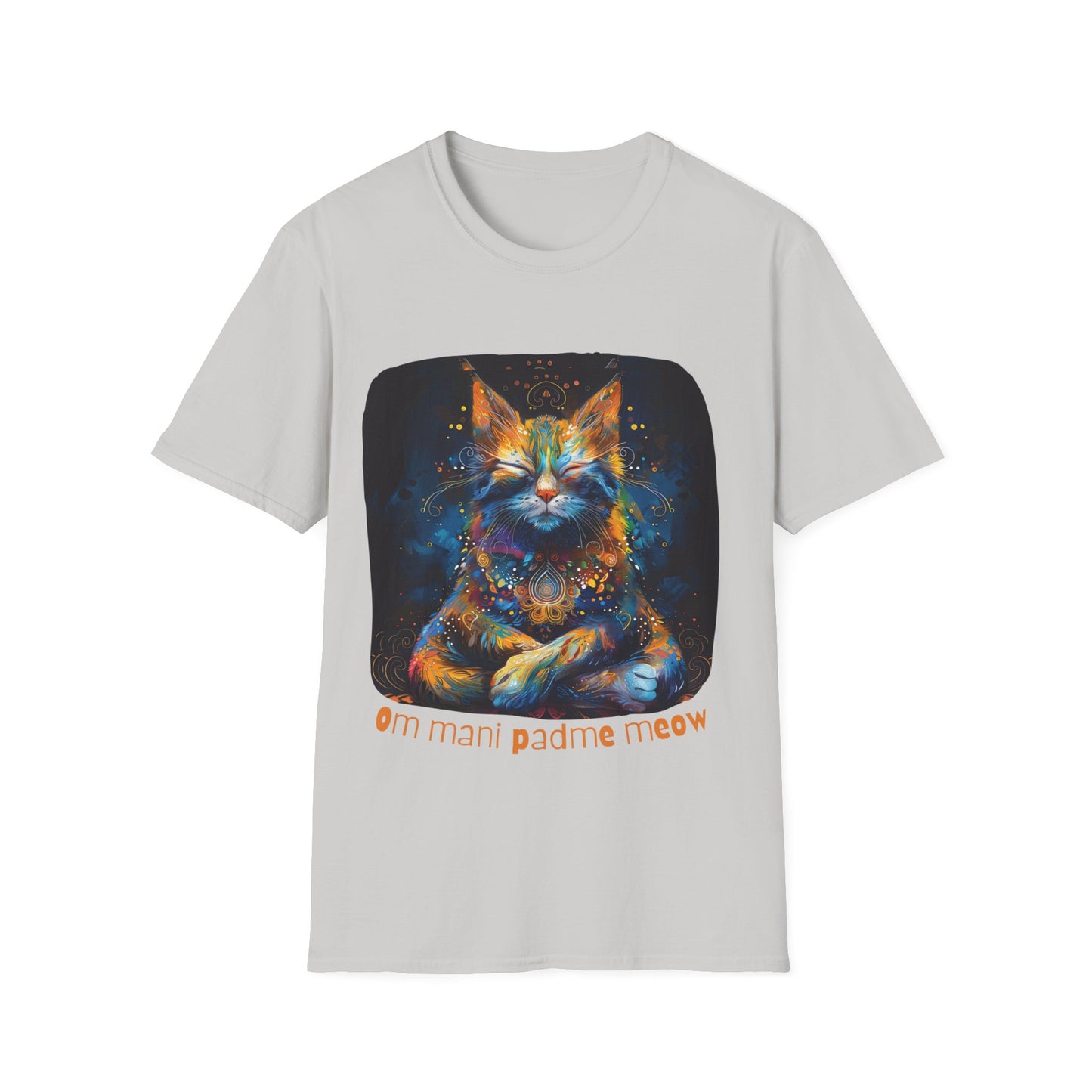 Mani Padme Meow (Version 2) - Meditating Cat Shirt, Cat Lover's Graphic Tee Graphic Unisex T- Shirt, T-Shirt Cat Lovers Gift Softstyle T-Shirt Tee Teeshirt Stylized Cat