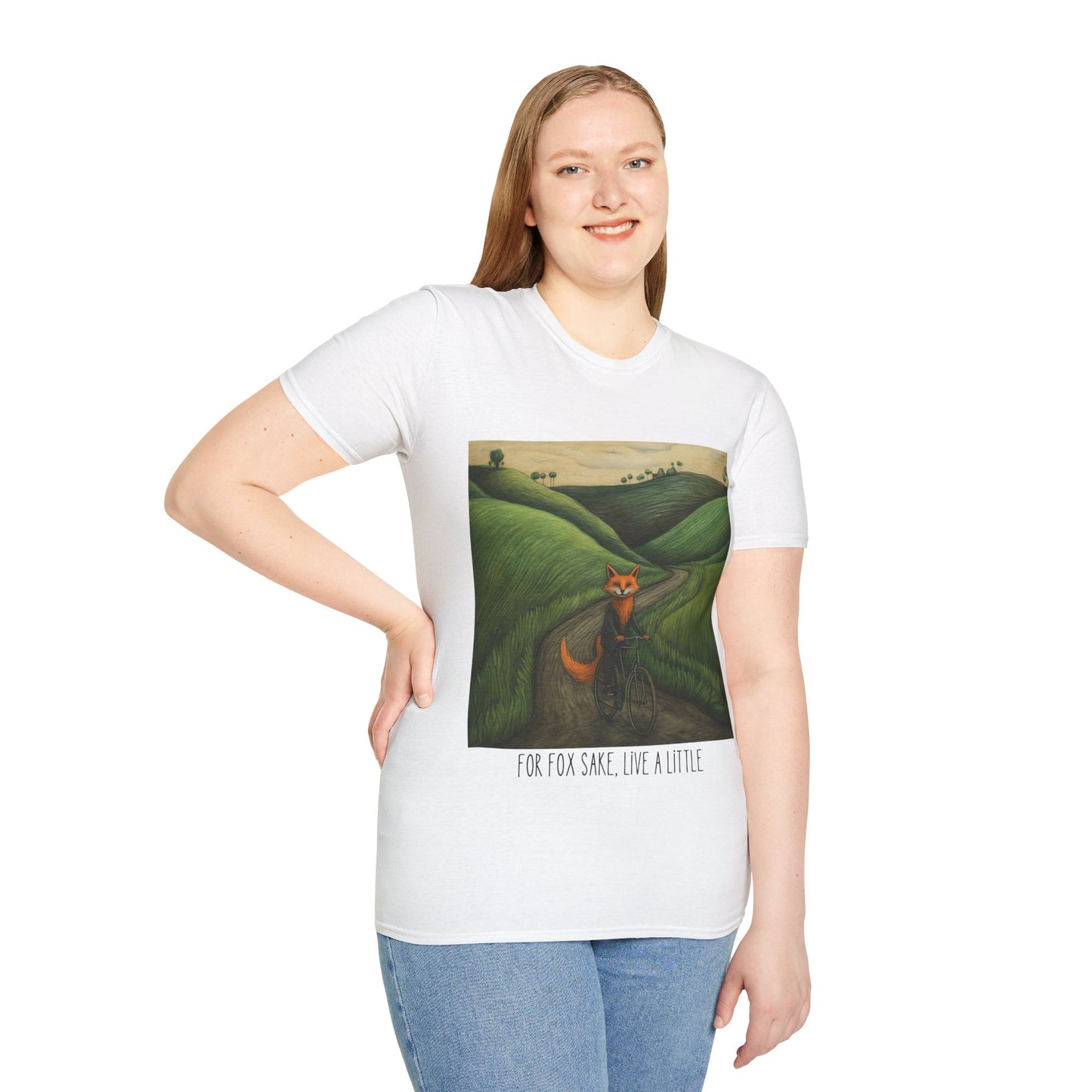 For Fox Sake, Live a Little - Red Fox on a Bicycle- Fox or Cycling Lover's Gift Unisex Tee Shirt, T-Shirt, Fox Lovers Gift Softstyle T-Shirt Tee Teeshirt