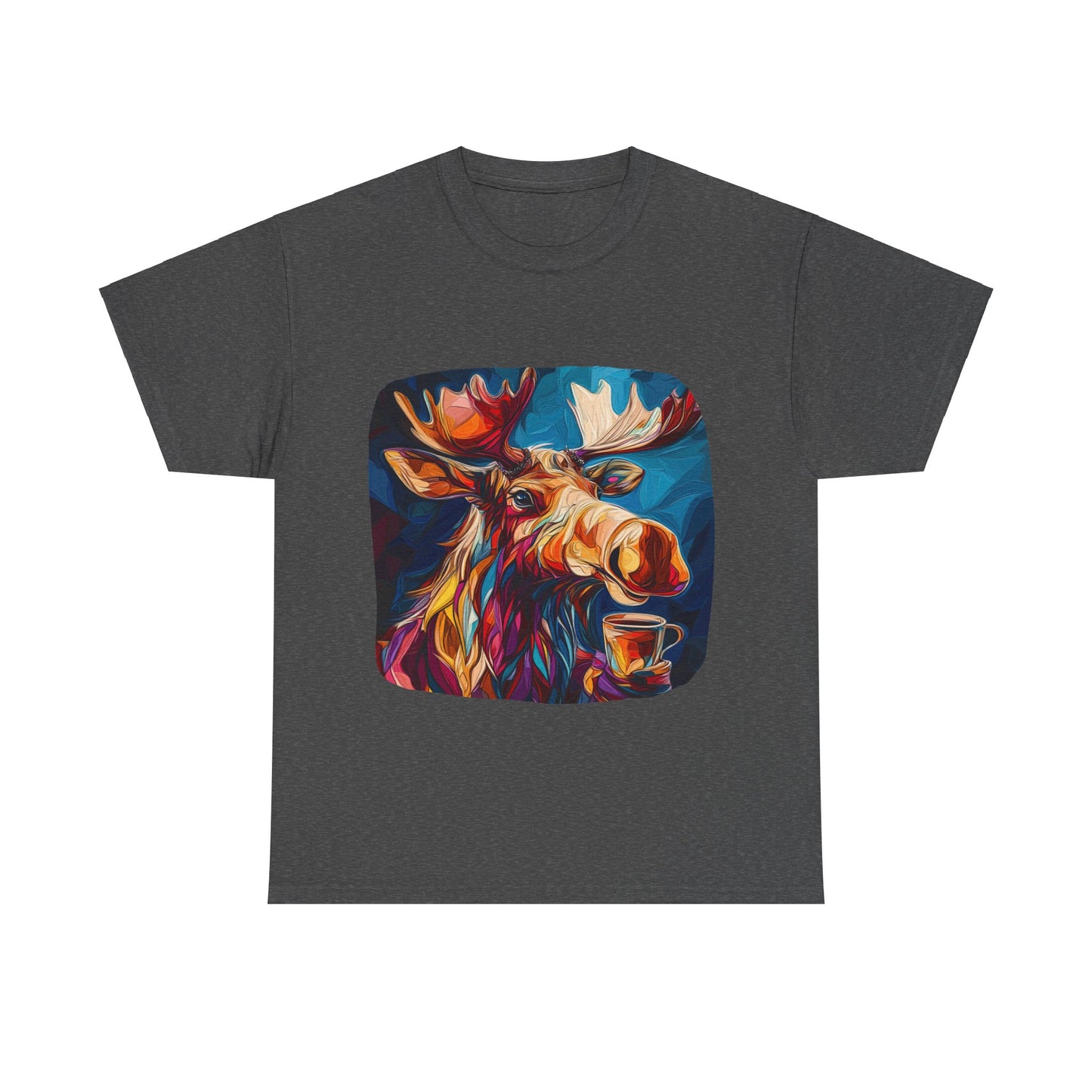 Moose and Coffee, Boho Painterly Coffee Moose - Moose Lover Unisex Heavy Cotton Tee T-Shirt