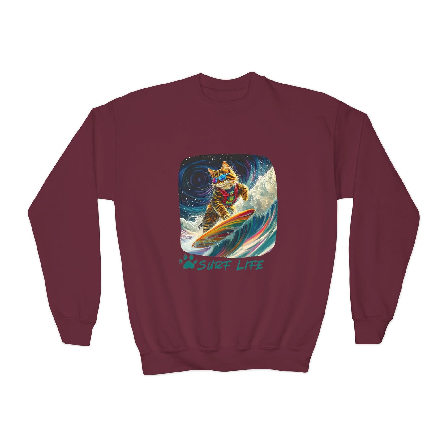 Surf Life Surfer Cat for Kids Sweatshirt - Kitty Cat Shredding the Weves-Youth Crewneck Sweatshirt -Christmas Cat Gift