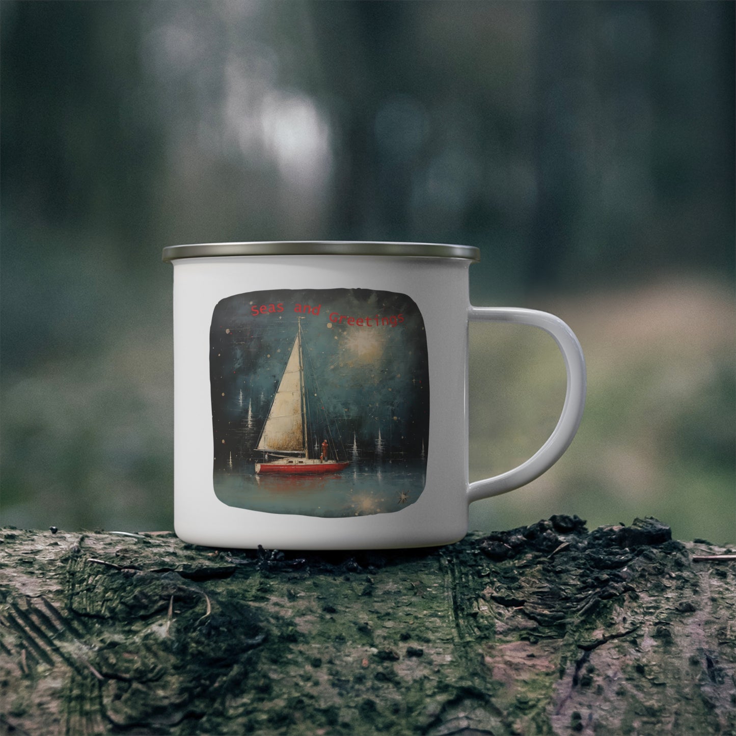 Seas and Greetings, Nautical Sailing, Christmas by the Sea, Sailing, Nautical Gift, Enamel Camping Mug
