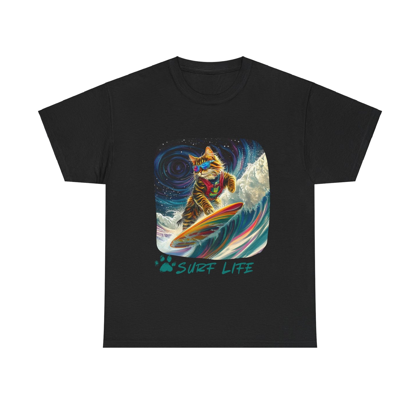 Surf LIfe - Surfer Surfing Cat Graphic Tee, Cat on Surfboard - Shirt reads "Surf Life" Cats Art Gift - Cool Cats Unisex Heavy Cotton Tee T-Shirt
