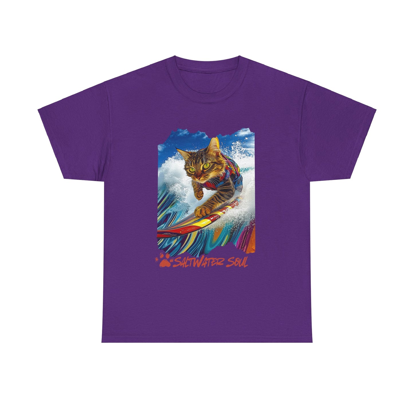 Saltwater Soul Surfer Cat, T-shirt, Cat on Surfboard Graphic Tee- Water Sports Cat Cat Art Gift - Cool Cats Unisex Heavy Cotton Tee T-Shirt