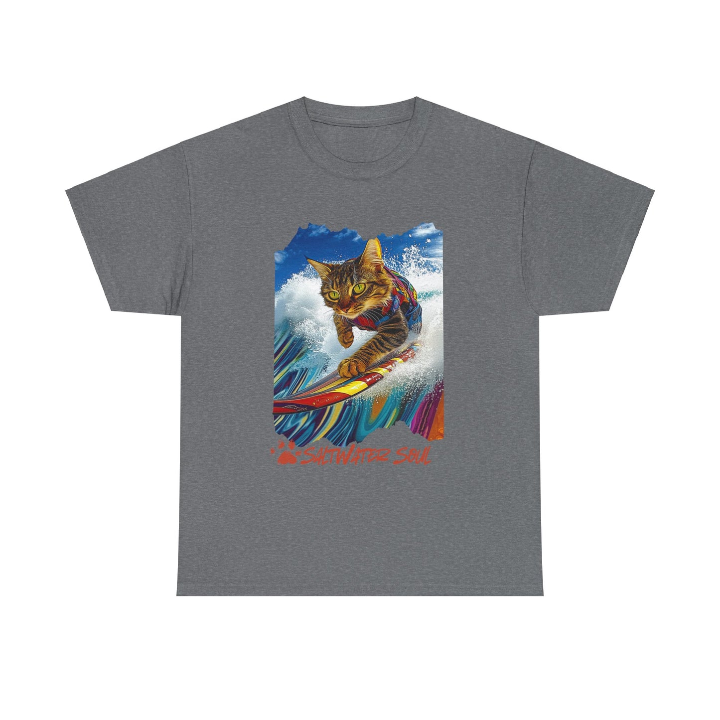 Saltwater Soul Surfer Cat, T-shirt, Cat on Surfboard Graphic Tee- Water Sports Cat Cat Art Gift - Cool Cats Unisex Heavy Cotton Tee T-Shirt