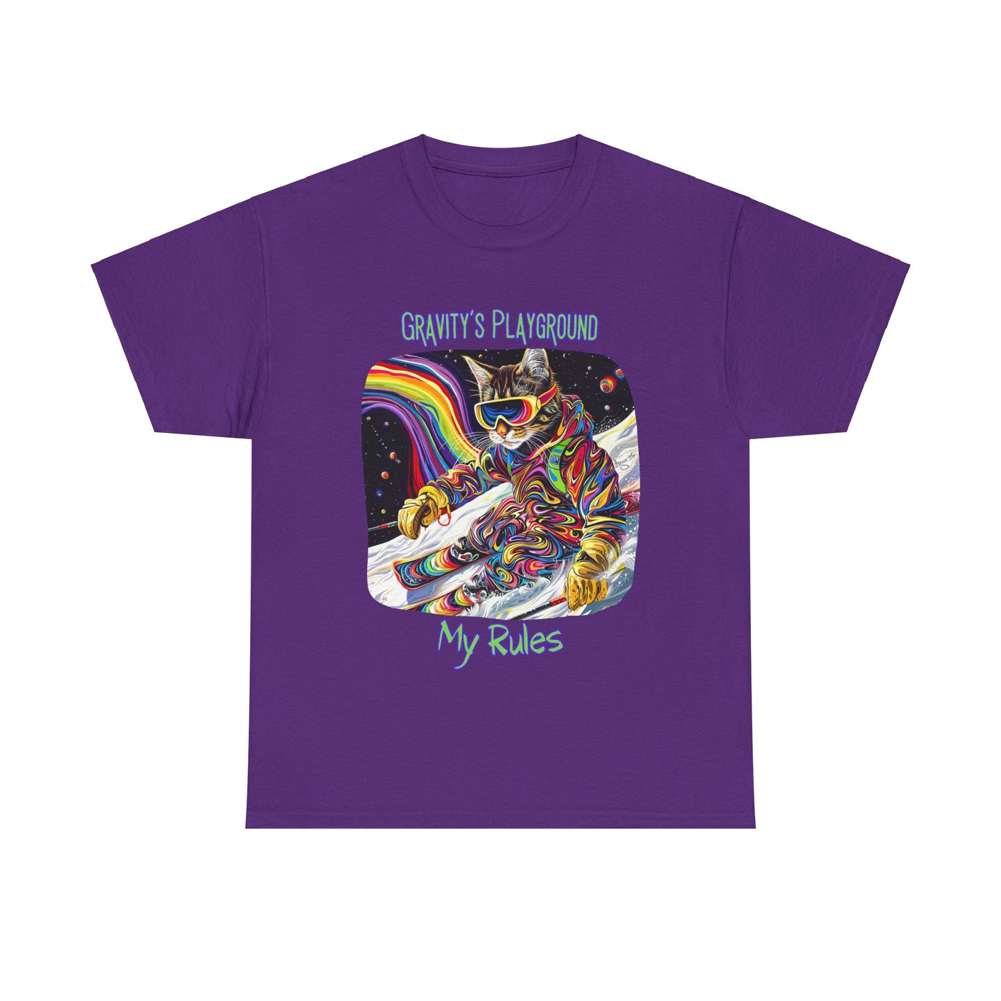 Gravity's Playground, My Rules - Ski, Snow, Snowboard Winter Sports Cat - Cat Graphic Tee Art Gift - Cool Cats Unisex Heavy Cotton Tee T-Shirt