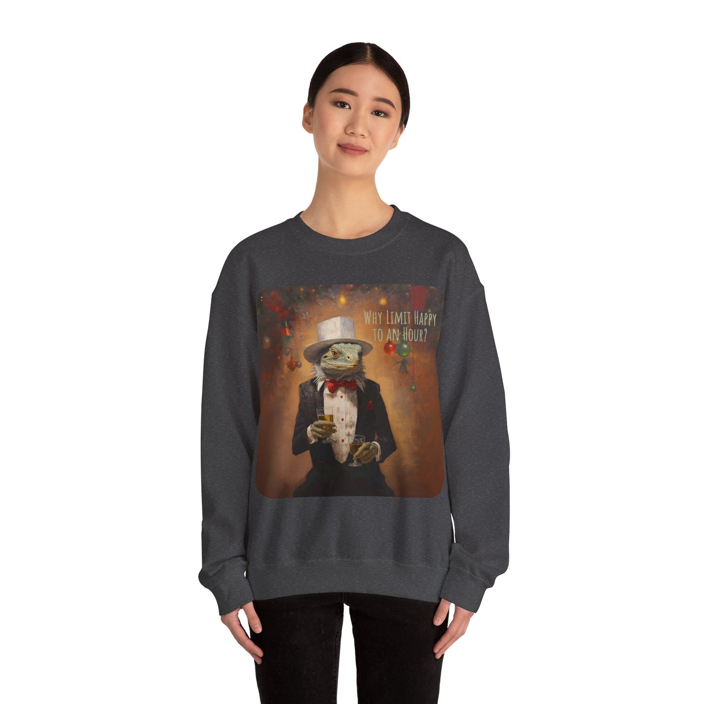 Cocktails -"Why Limit Happy to an Hour?"- Holiday Drinking Party Shirt, Iguana Gifts, Holiday Jumper Unisex Sweatshirt