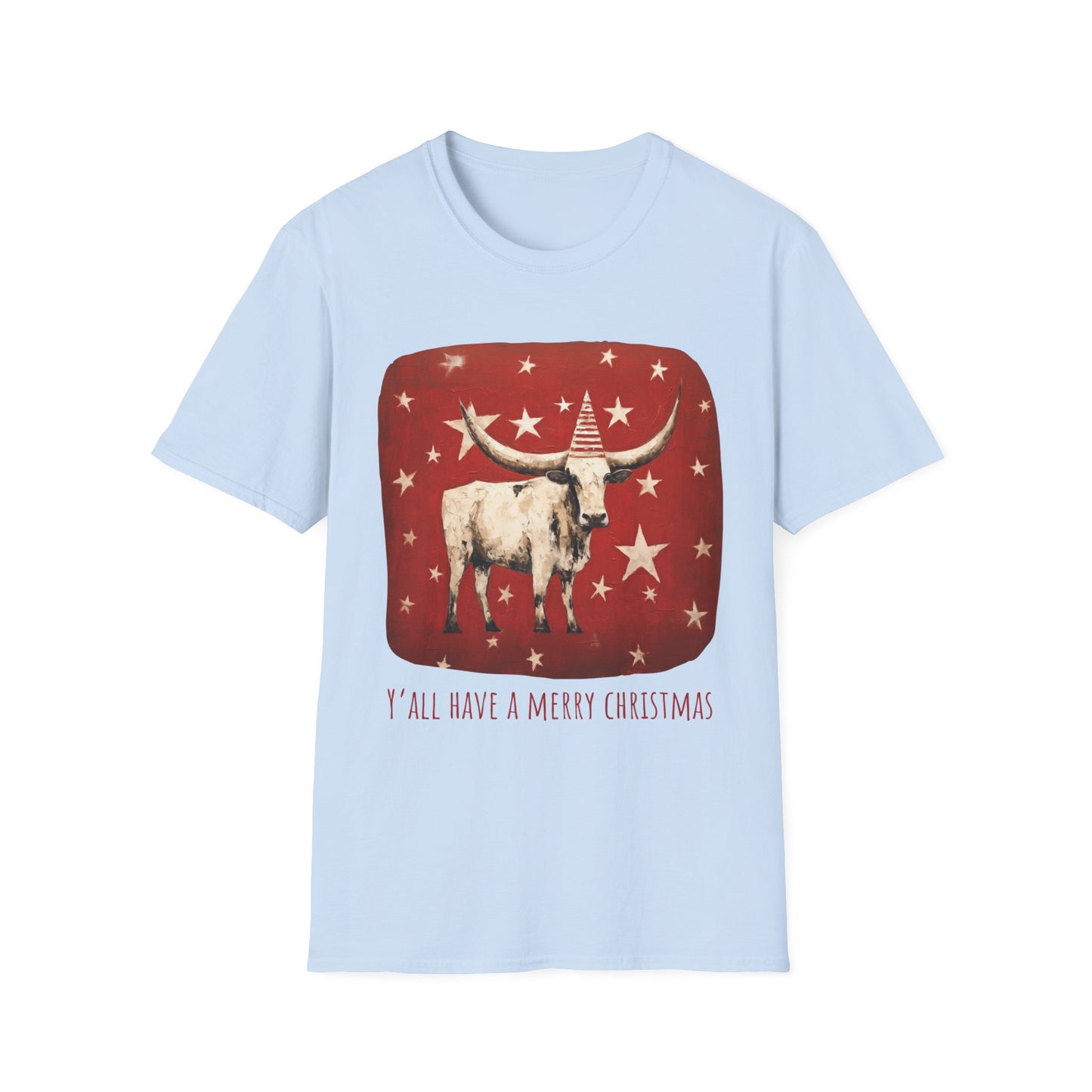 "Y'all Have a Merry Christmas" Southern Christmas Greeting, Longhorn Cattle Rodeo Shirt, Longhorn Cattle Texas Oklahoma Gift Unisex Tee Shirt, T-Shirt Graphic Tee T-Shirt
