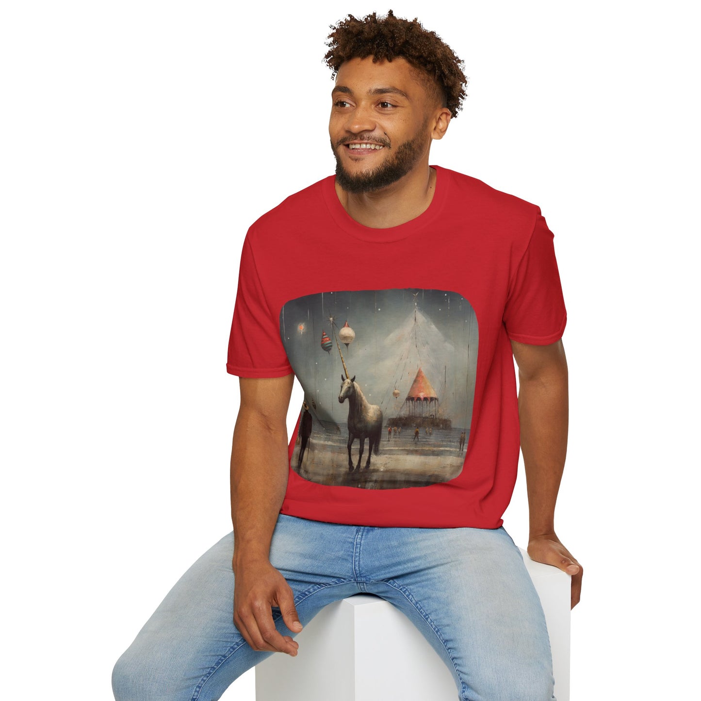 Unicorn with Holiday Ornament, Unicorn Christmas Gift Unisex Tee Shirt, T-Shirt Softstyle T-Shirt