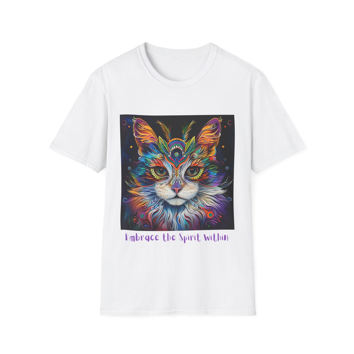"Embrace the Spirit Within" Cat Shaman Graphic Cat Tee, Cat Lover's Graphic Tee Graphic Unisex T- Shirt, T-Shirt Cat Lovers Gift Softstyle T-Shirt Tee Teeshirt Stylized Cat