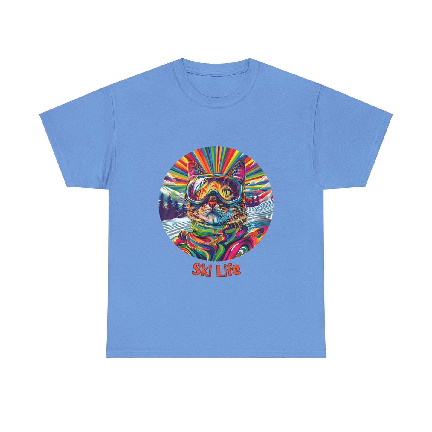 Ski Cat - "Ski Life" Snow, Snowboard Winter Sports Cat (V6) Cat Art Gift - Cool Cats Unisex Heavy Cotton Tee T-Shirt