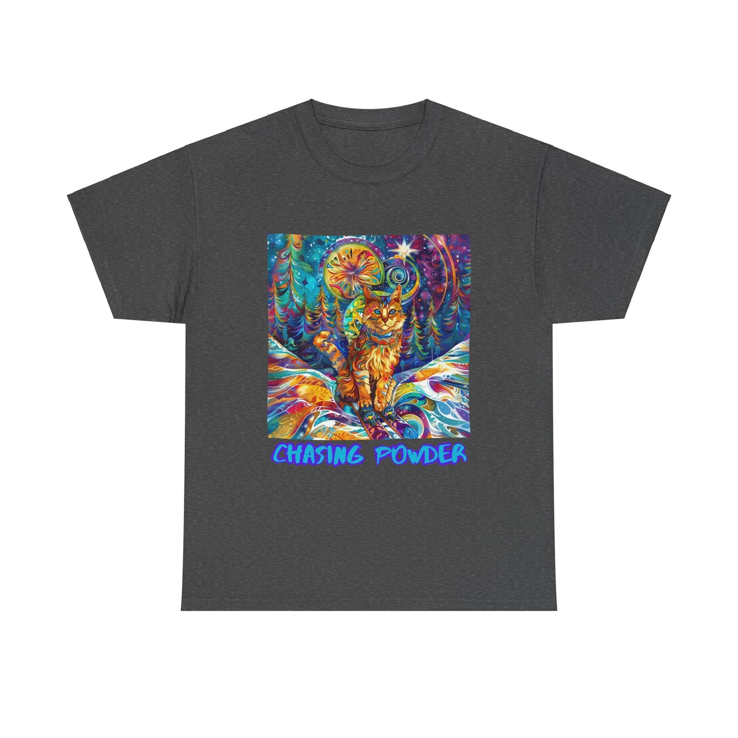 Chasing Powder - Snow, Snowboard Winter Sports Cat (V3) Cat Art Graphic Tee, Ski Gift - Cool Cats Unisex Heavy Cotton Tee T-Shirt