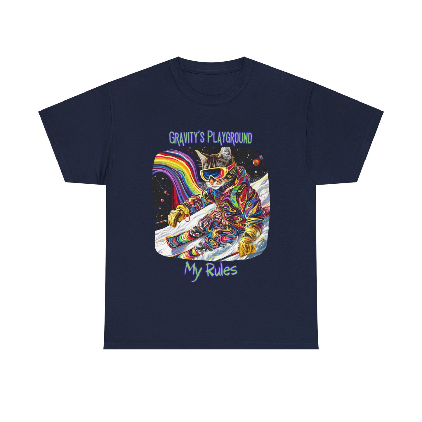 Gravity's Playground, My Rules - Ski, Snow, Snowboard Winter Sports Cat - Cat Graphic Tee Art Gift - Cool Cats Unisex Heavy Cotton Tee T-Shirt