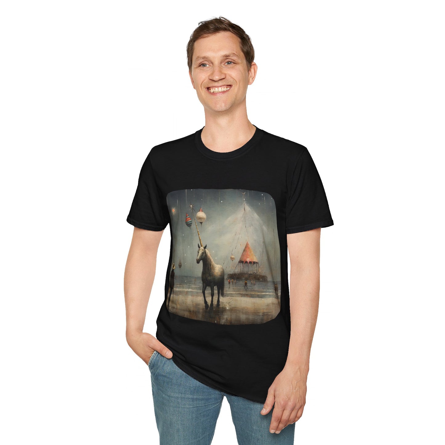 Unicorn with Holiday Ornament, Unicorn Christmas Gift Unisex Tee Shirt, T-Shirt Softstyle T-Shirt