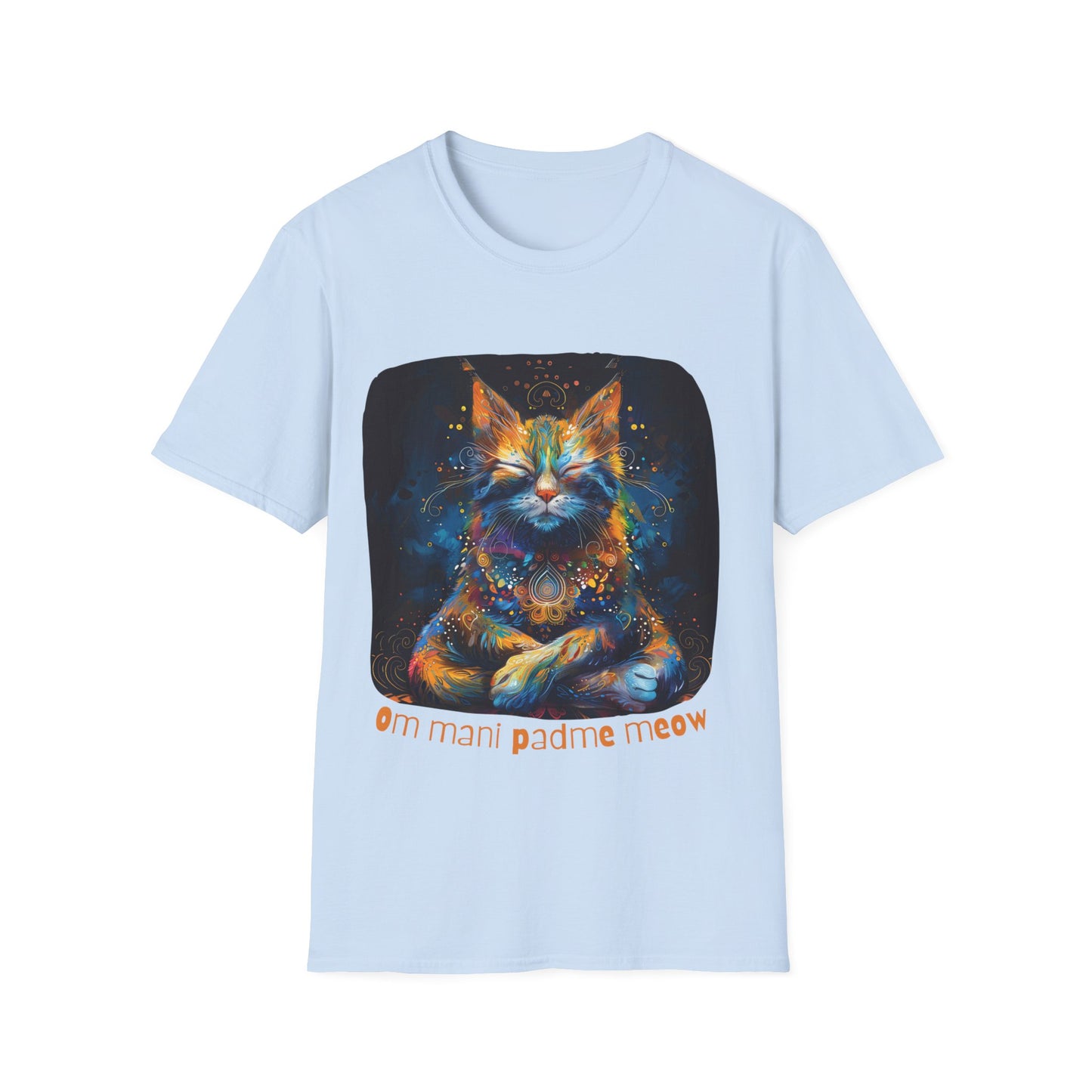 Mani Padme Meow (Version 2) - Meditating Cat Shirt, Cat Lover's Graphic Tee Graphic Unisex T- Shirt, T-Shirt Cat Lovers Gift Softstyle T-Shirt Tee Teeshirt Stylized Cat