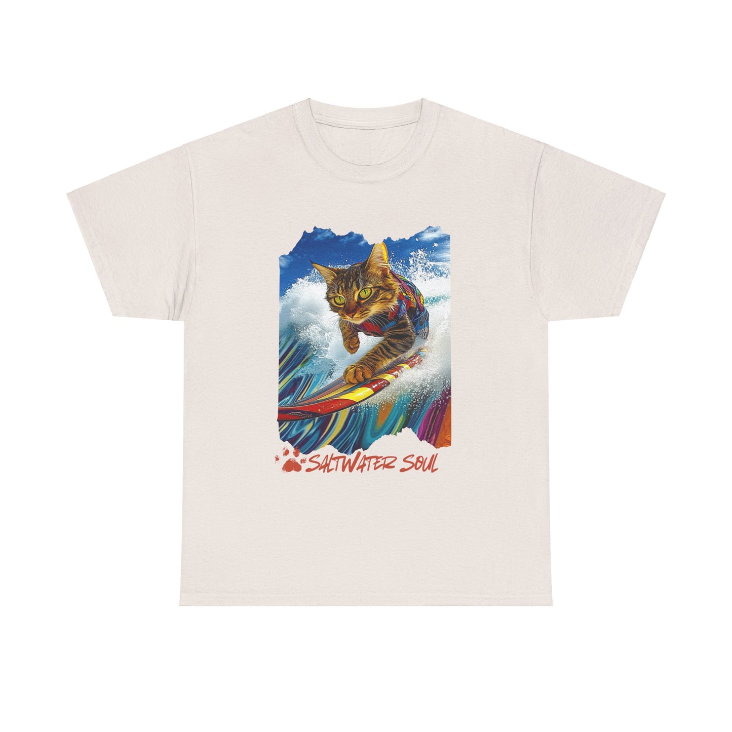 Saltwater Soul Surfer Cat, T-shirt, Cat on Surfboard Graphic Tee- Water Sports Cat Cat Art Gift - Cool Cats Unisex Heavy Cotton Tee T-Shirt