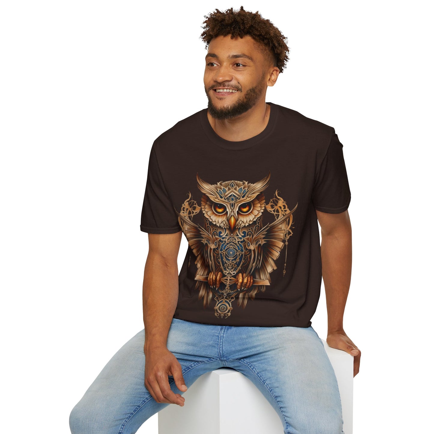 Art Deco Style Owl, Golden Owl Shirt, 1920's Steampunk Owl Christmas Gift Unisex Tee Shirt, T-Shirt Softstyle T-Shirt Tee Teeshirt