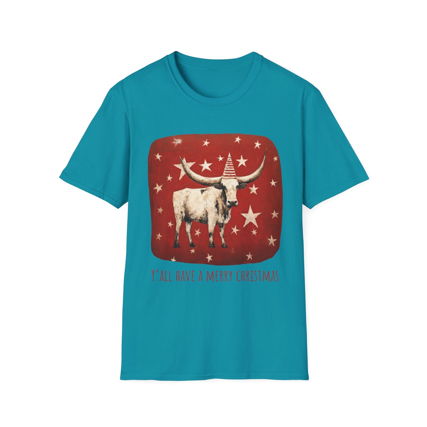 "Y'all Have a Merry Christmas" Southern Christmas Greeting, Longhorn Cattle Rodeo Shirt, Longhorn Cattle Texas Oklahoma Gift Unisex Tee Shirt, T-Shirt Graphic Tee T-Shirt