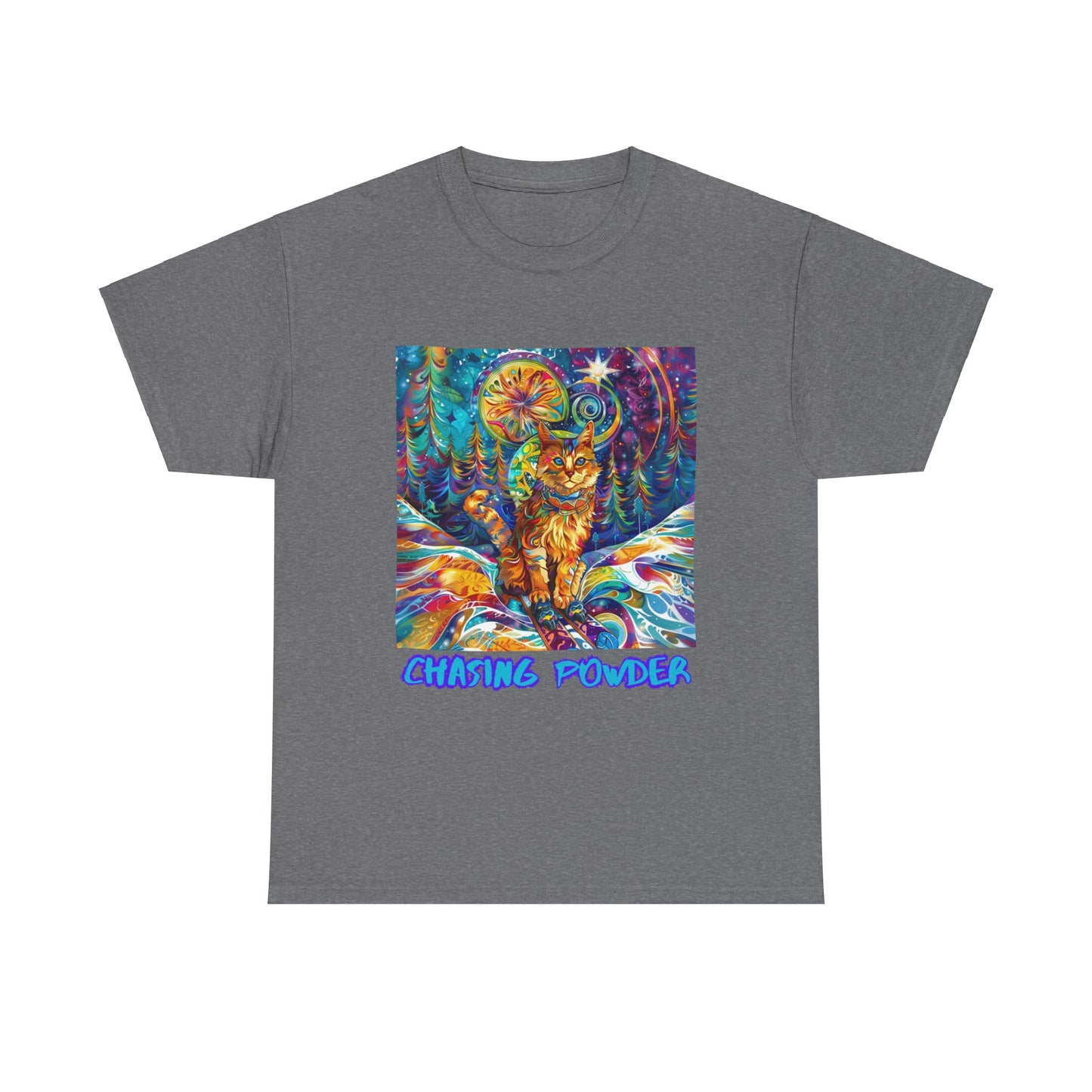 Chasing Powder - Snow, Snowboard Winter Sports Cat (V3) Cat Art Graphic Tee, Ski Gift - Cool Cats Unisex Heavy Cotton Tee T-Shirt