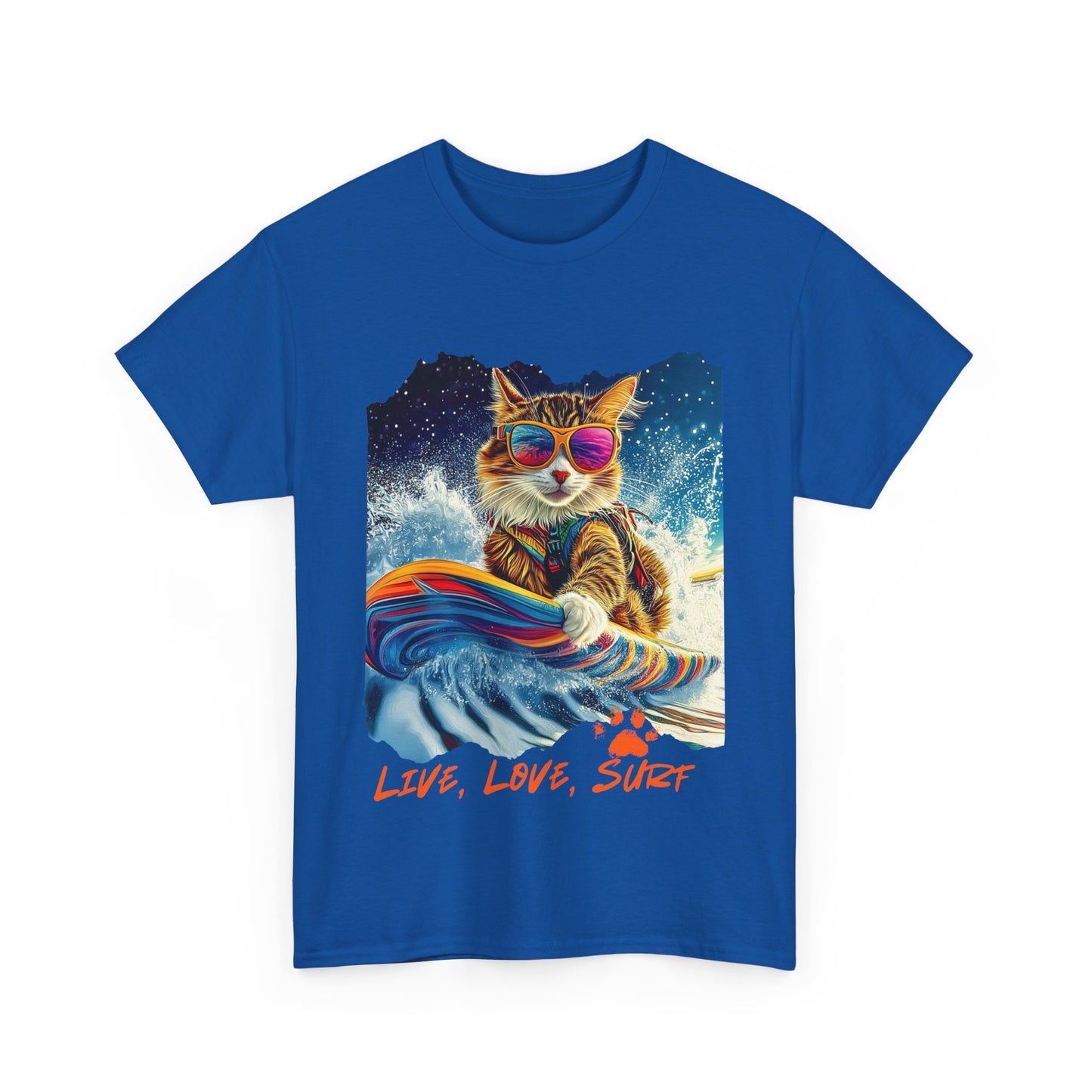 Live, Love Surf - Surfer Cat Graphic Tee, Cat on Surfboard reads "Live, Love Surf" Surf Life Cat ,Art Gift - Cool Cats Unisex Heavy Cotton Tee T-Shirt