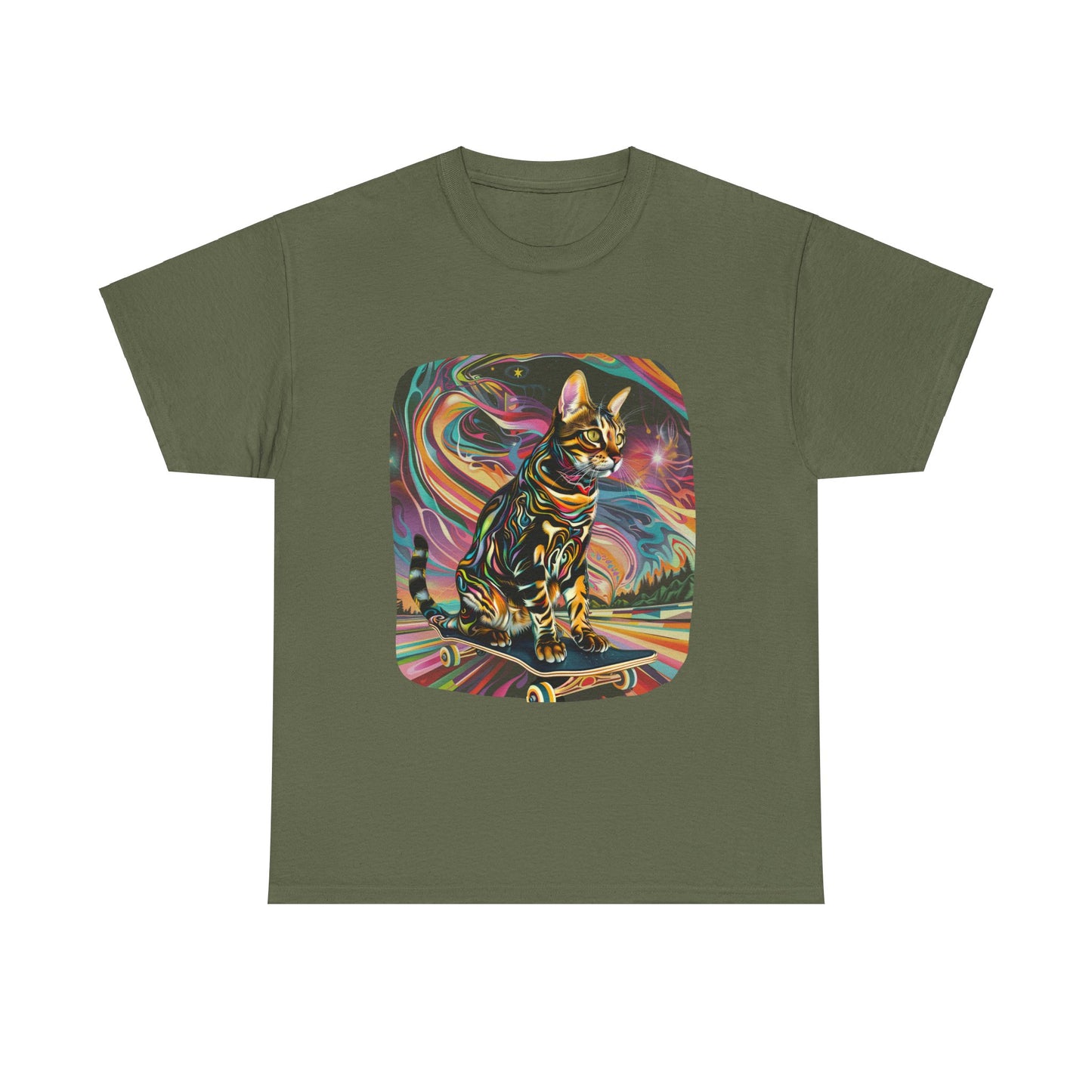 Skateboard Cat, (V2) Skater Cat Art Gift - Cool Cats Unisex Heavy Cotton Tee T-Shirt