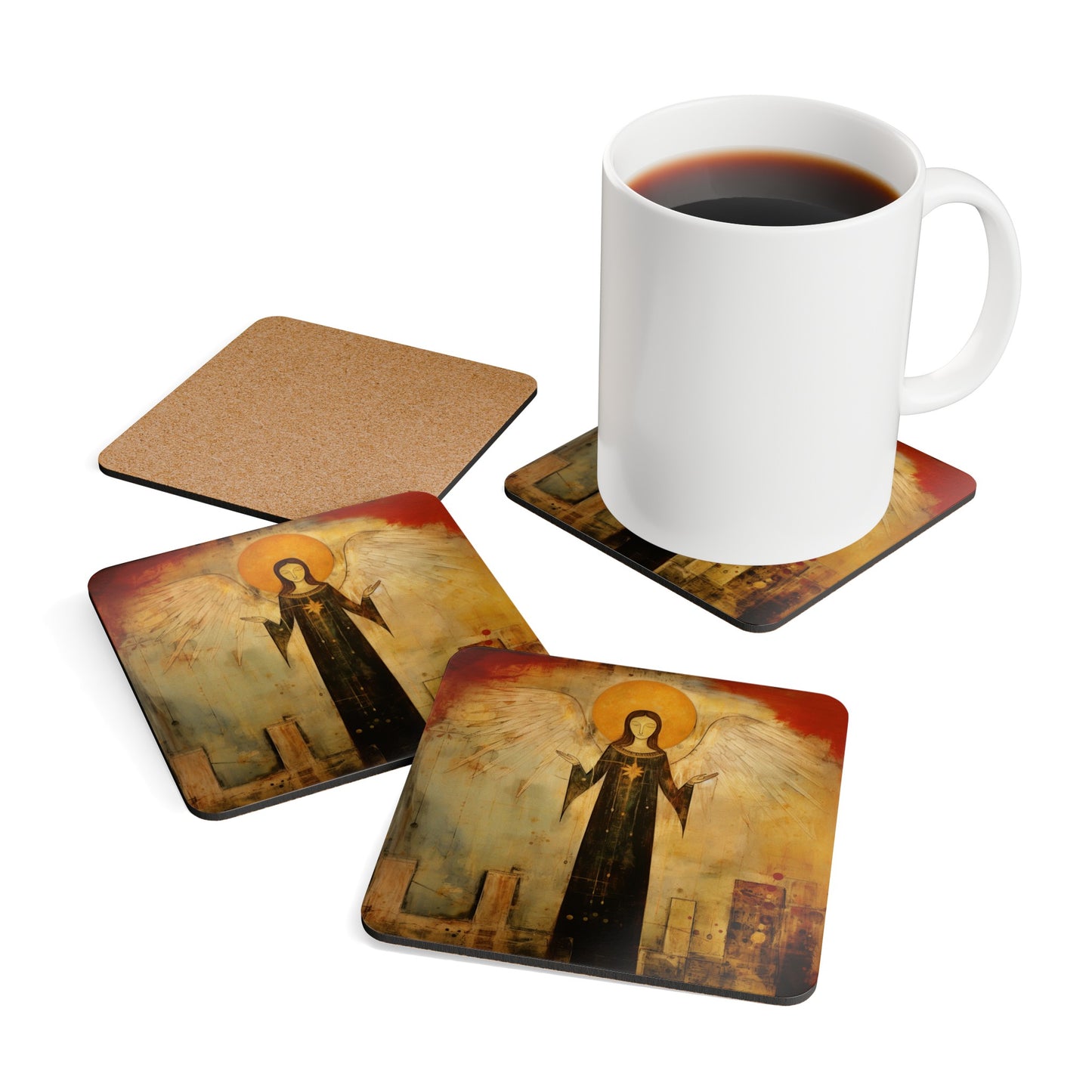 Milagro Angel Folk Art Angel, Folk Art Gift, Mexican Folk Art Style Holiday Corkwood Coaster Set, Christmas Decor