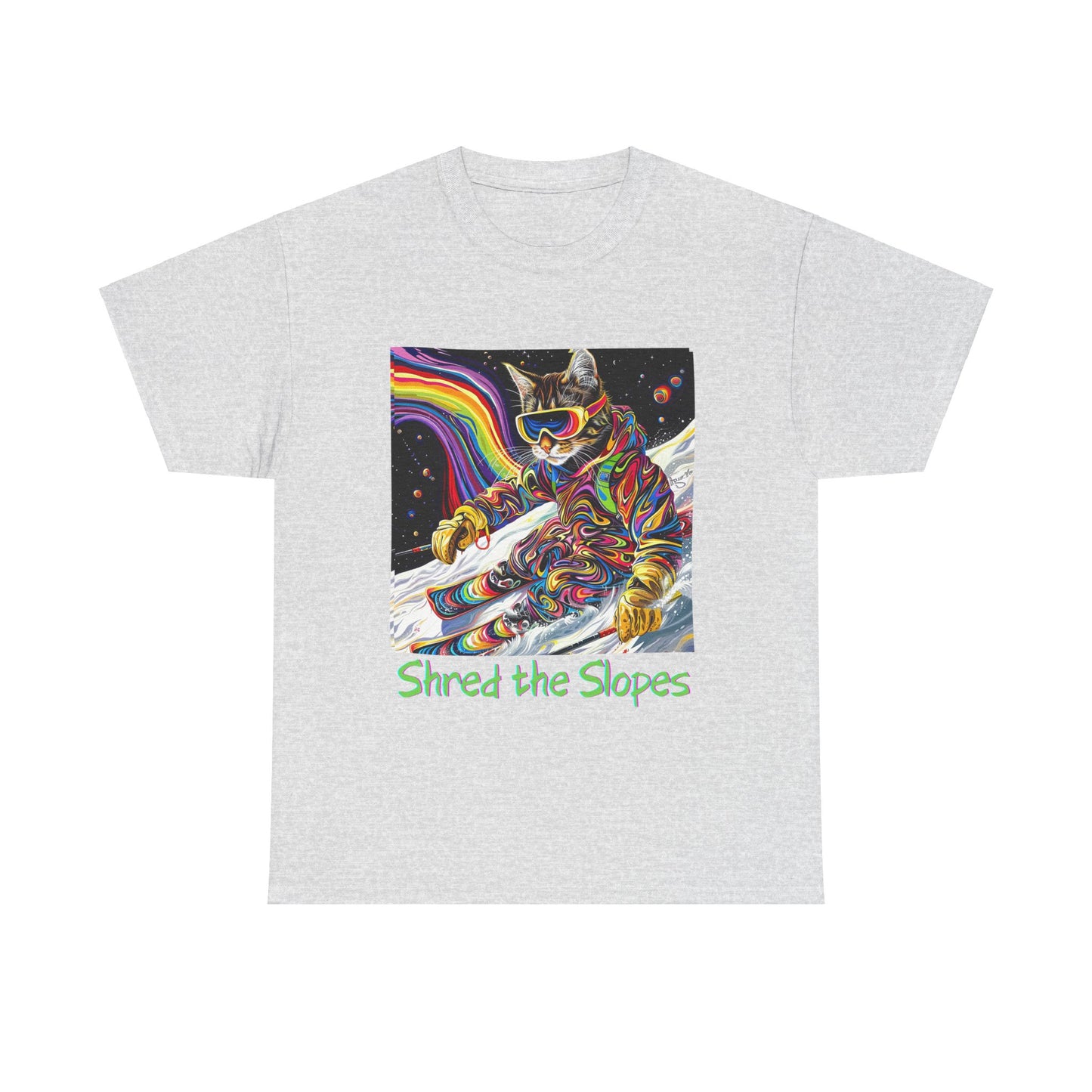 Shred the Slopes - Ski, Snow, Snowboard Winter Sports Cat Cat Art Graphic Tee, Ski Gift - Cool Cats Unisex Heavy Cotton Tee T-Shirt