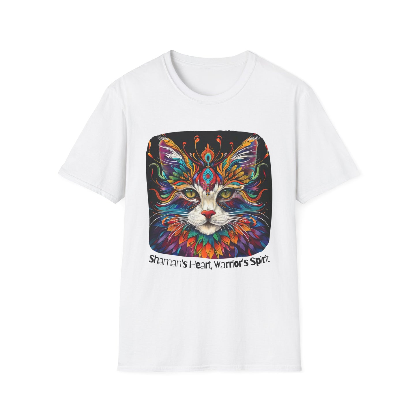 Shaman's Heart, Warrior's Spirit Graphic Cat Tee, Cat Lover's Graphic Tee Graphic Unisex T- Shirt, T-Shirt Cat Lovers Gift Softstyle T-Shirt Tee Teeshirt Stylized Cat