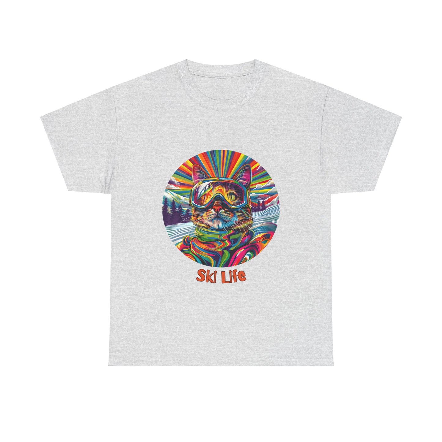 Ski Cat - "Ski Life" Snow, Snowboard Winter Sports Cat (V6) Cat Art Gift - Cool Cats Unisex Heavy Cotton Tee T-Shirt
