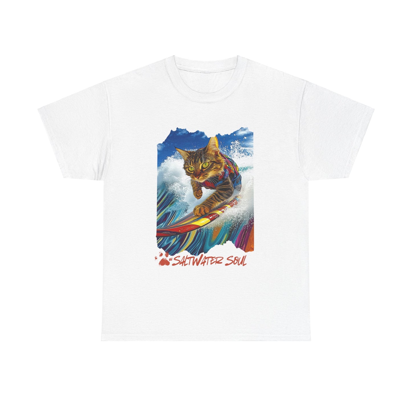 Saltwater Soul Surfer Cat, T-shirt, Cat on Surfboard Graphic Tee- Water Sports Cat Cat Art Gift - Cool Cats Unisex Heavy Cotton Tee T-Shirt