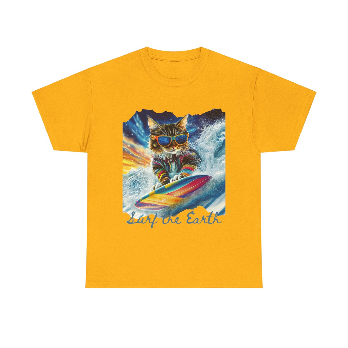 Surf Surfer Cat, "Surf the Earth", Cat on Surfboard Graphic Tee- Water Sports Cat (V1) Cat Art Gift - Cool Cats Unisex Heavy Cotton Tee T-Shirt