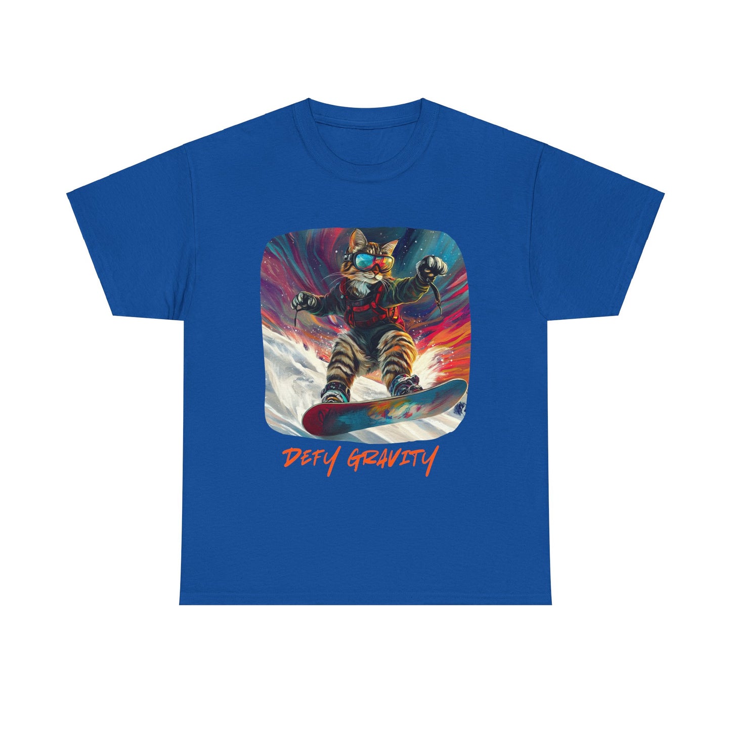 Defy Gravity Snowboard Cat Graphic Tee - Extreme Winter Sports Ski Cat Art Gift - Cool Cats Unisex Heavy Cotton Tee T-Shirt