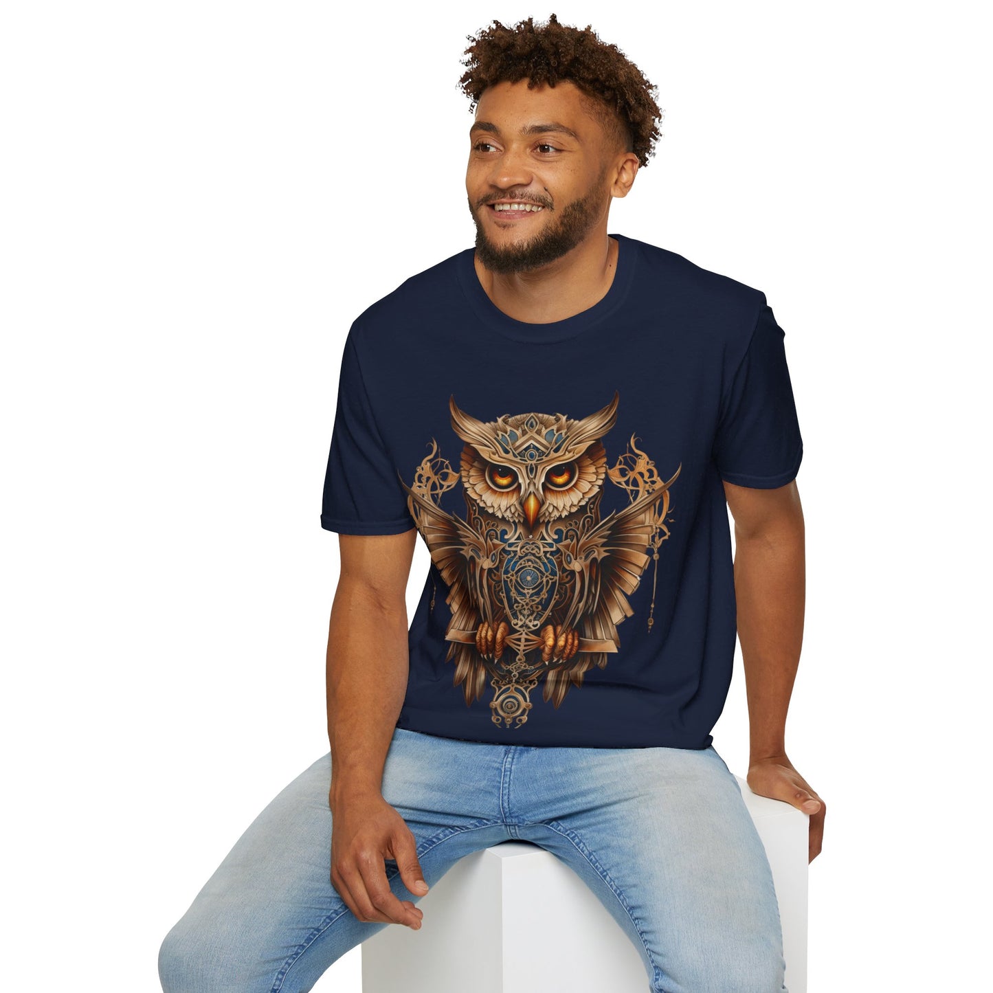 Art Deco Style Owl, Golden Owl Shirt, 1920's Steampunk Owl Christmas Gift Unisex Tee Shirt, T-Shirt Softstyle T-Shirt Tee Teeshirt