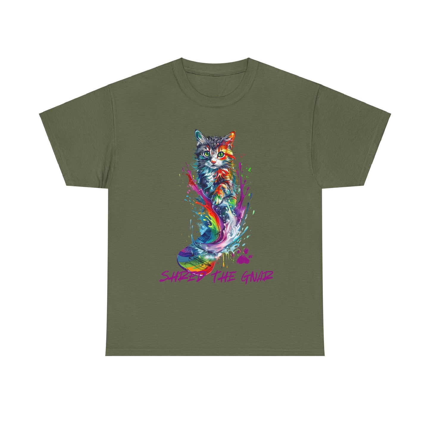 Shred the Gnar Snowboard Cat Graphic Tee, Winter Cat Art Gift - Cool Cats Unisex Heavy Cotton Tee T-Shirt