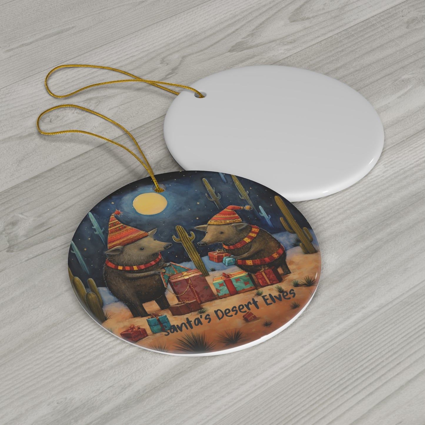 Desert Elves Javelina Desert Art Ornament, Sedona, Arizona, Christmas Gift, Christmas Cactus Gift Ceramic Ornament