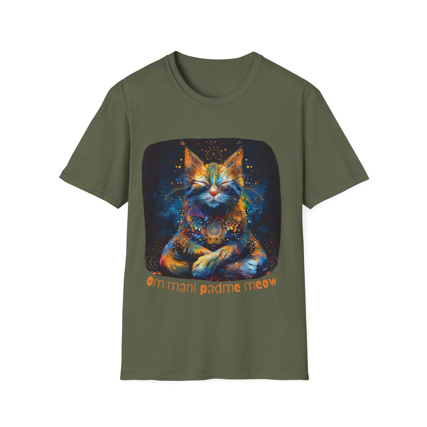 Mani Padme Meow (Version 2) - Meditating Cat Shirt, Cat Lover's Graphic Tee Graphic Unisex T- Shirt, T-Shirt Cat Lovers Gift Softstyle T-Shirt Tee Teeshirt Stylized Cat
