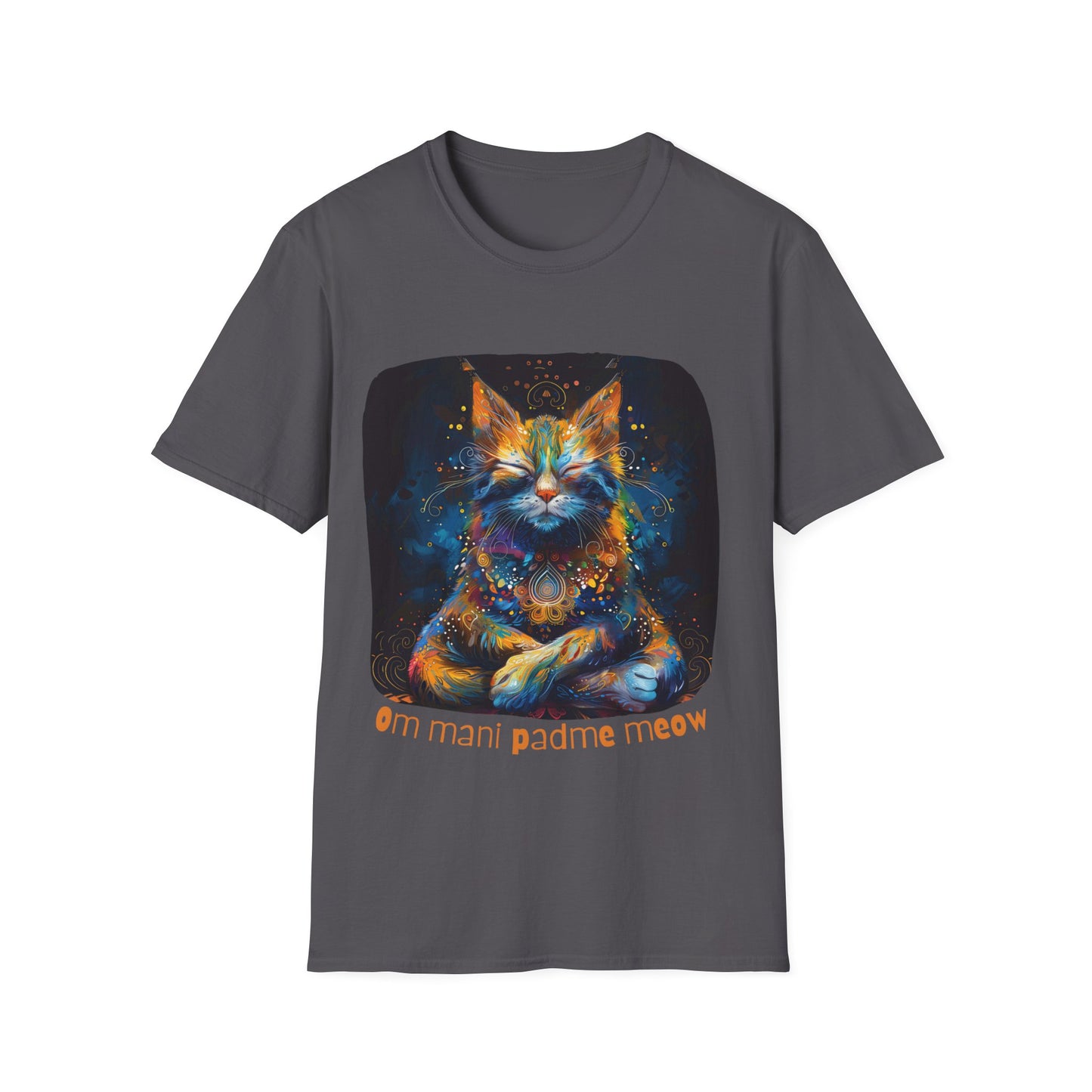 Mani Padme Meow (Version 2) - Meditating Cat Shirt, Cat Lover's Graphic Tee Graphic Unisex T- Shirt, T-Shirt Cat Lovers Gift Softstyle T-Shirt Tee Teeshirt Stylized Cat
