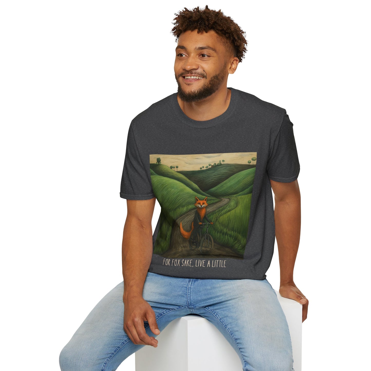 For Fox Sake, Live a Little - Red Fox on a Bicycle- Fox or Cycling Lover's Gift Unisex Tee Shirt, T-Shirt, Fox Lovers Gift Softstyle T-Shirt Tee Teeshirt