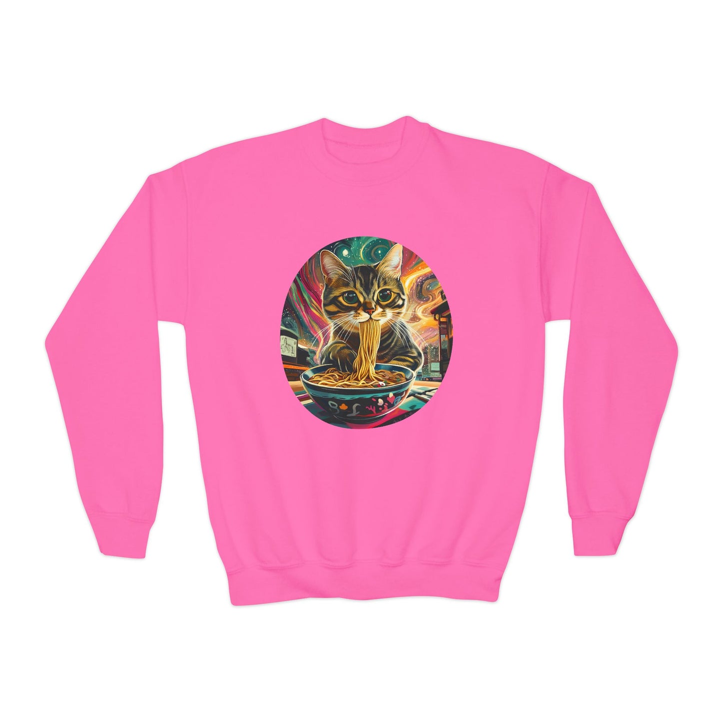 Slurping Noodle Ramen Bowl Cats for Kids Sweatshirt - Slurping Noodle Kitty Cat Youth Crewneck Sweatshirt -Christmas Cat Gift