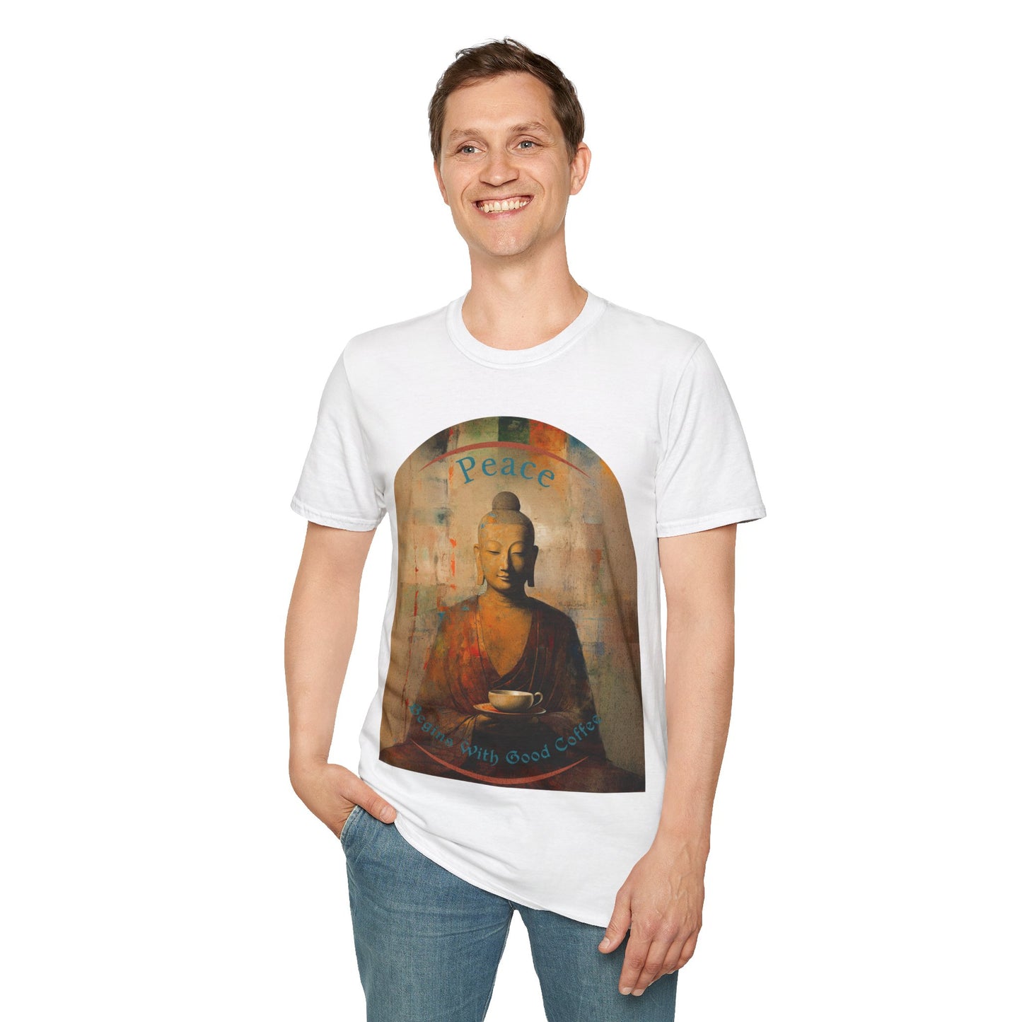 Coffee Lover Peace Gift, Peace Begins with Good Coffee Buda Buddha Budda Unisex Jersey Short Sleeve Tee Shirt, Softstyle T-Shirt Men Woman