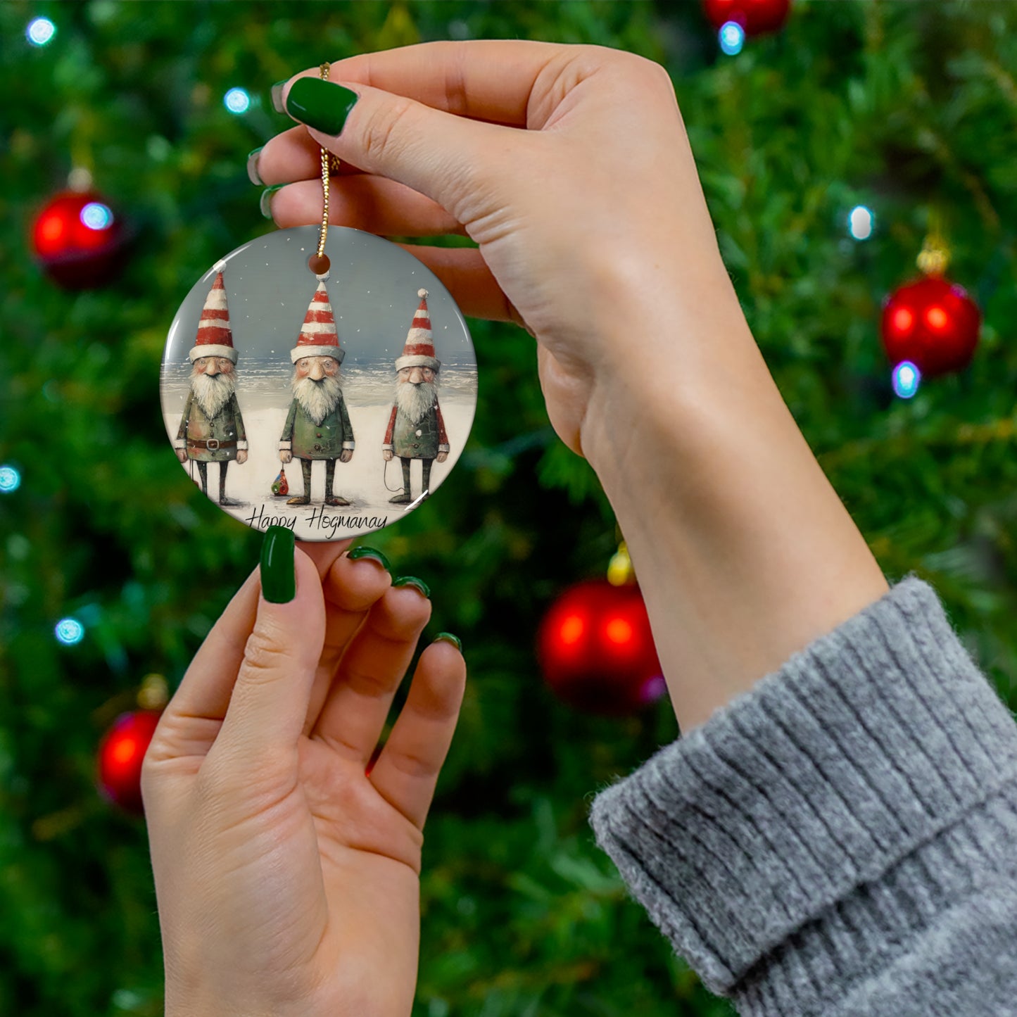 Hogmanay Scottish Seaside Gnomes, Happy Hogmanay Christmas Tree Keepsake Ornament Ceramic