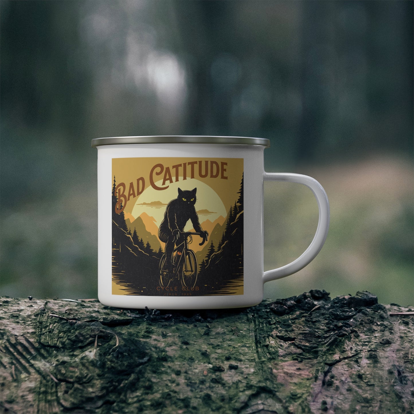 Bad Catitude Cycling Club, Cat Lover's Cat on Bicycle, Cycling Gift, Enamel Camping Mug
