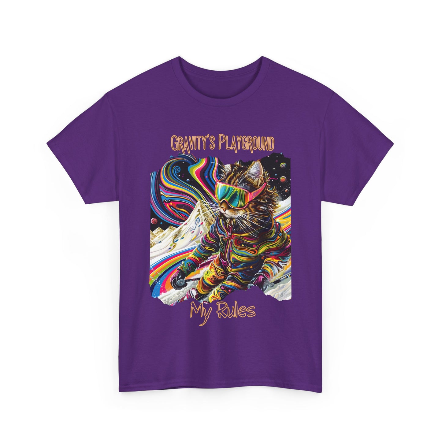 Gravity's Playground, MY Rules - Ski, Snow, Snowboard Winter Sports Cat (V2) Cat Art Gift -Cool Cats Graphic Tee Unisex Heavy Cotton Tee T-Shirt