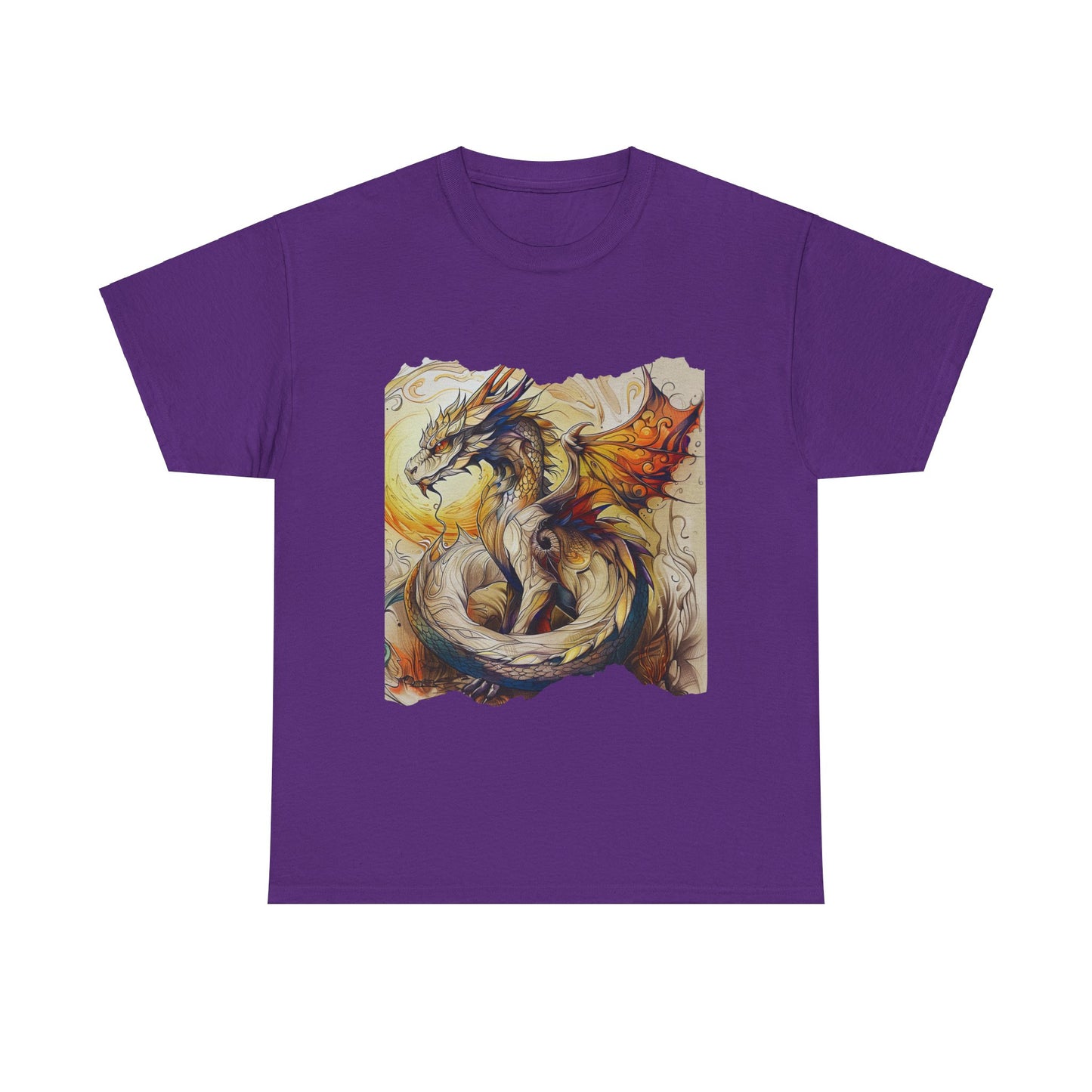 Dragons Yellow Sun Graphic Tee - Dragons and Ancestors - Dragon Lovers Unisex Heavy Cotton Tee T-Shirt
