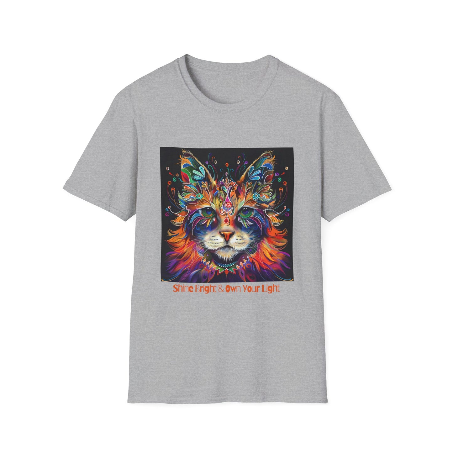 "Shine Bright and Own Your Light" Cat Shaman Graphic Cat Tee, Cat Lover's Graphic Tee Graphic Unisex T- Shirt, T-Shirt Cat Lovers Gift Softstyle T-Shirt Tee Teeshirt Stylized Cat