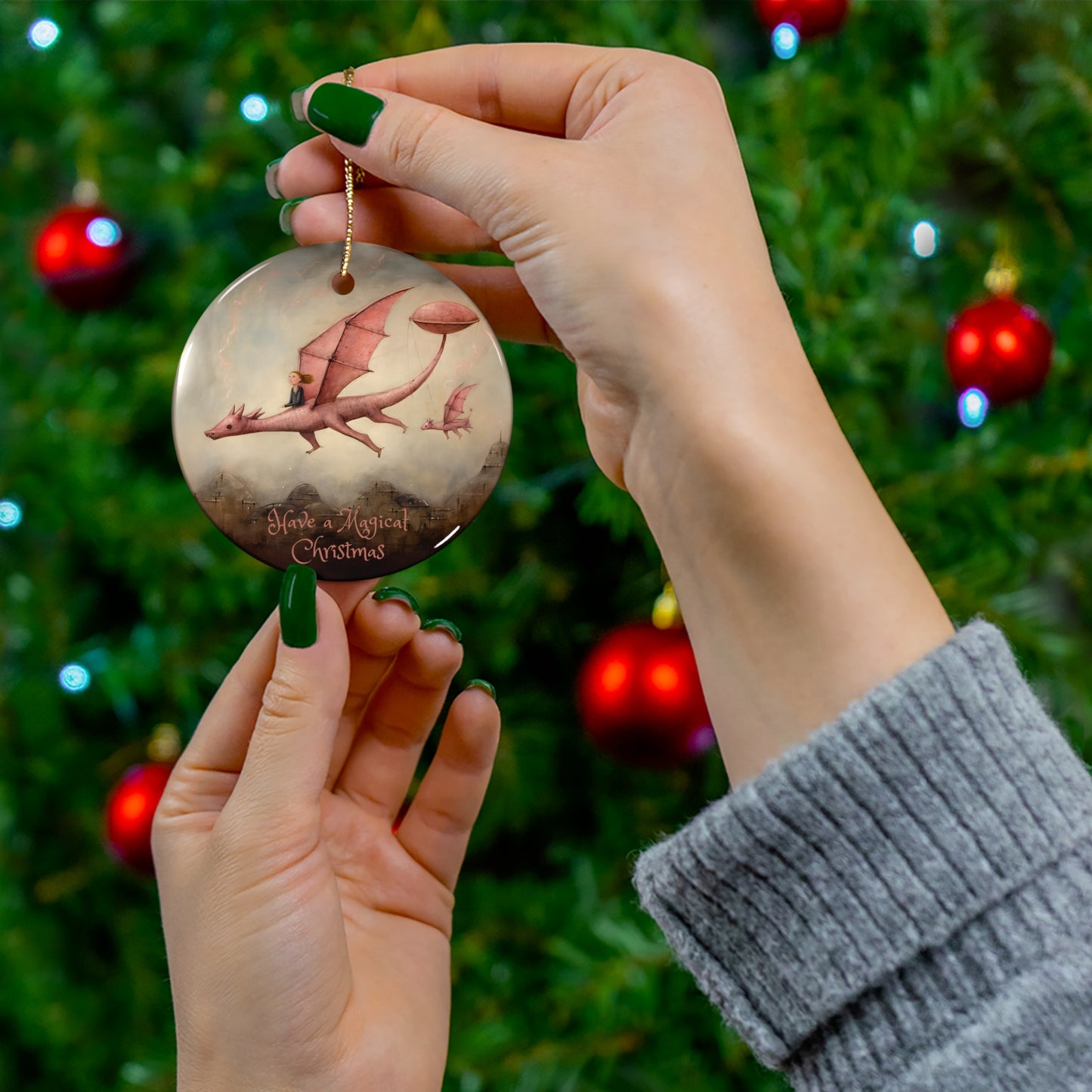 Pink Flying Dragon Dinosaur- Christmas Dragon Ceramic Christmas Ornament - Magical Dragon Dinosaur Kids Ornament Gift