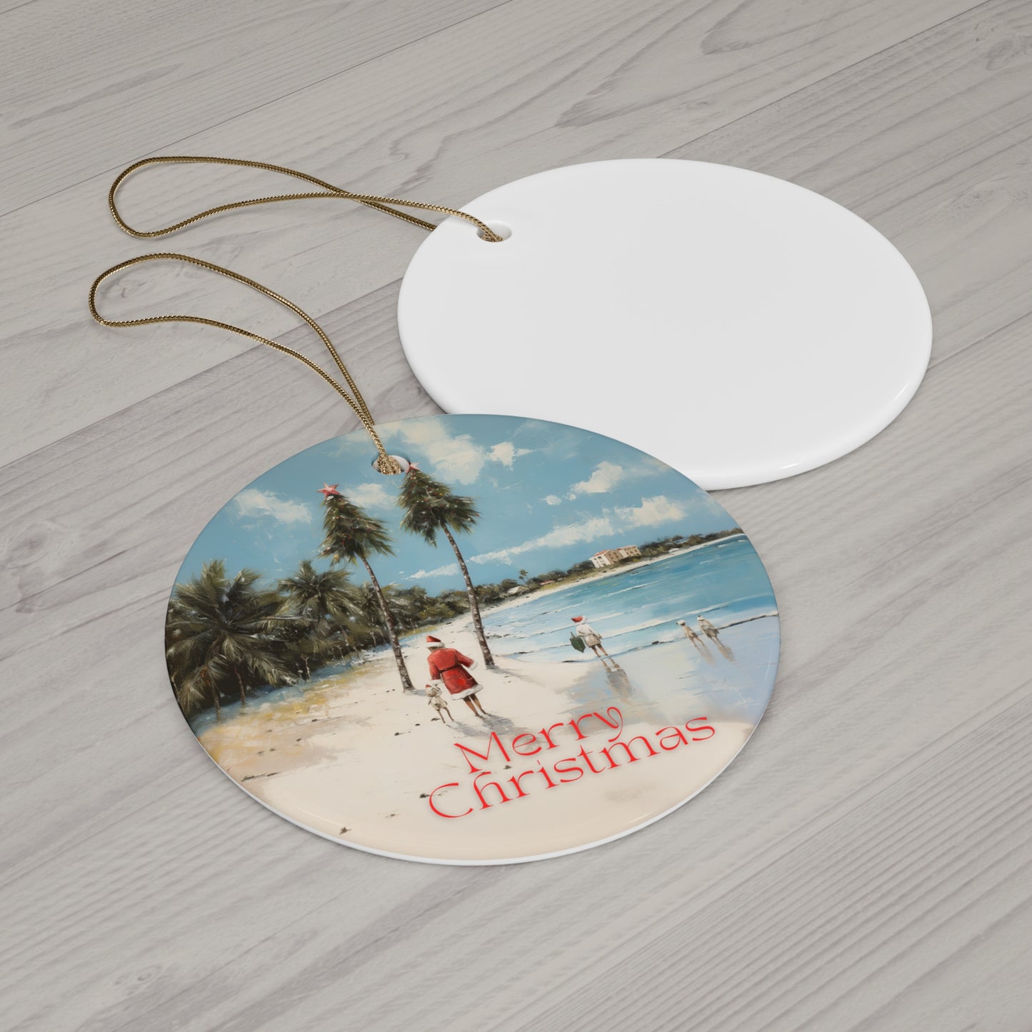 Santa on the Beach - "Merry Christmas" Florida, Tropical, Sailing Sailboat Seaside Greetings - Christmas Tree Keepsake Ornament Ceramic - Seas and Greetings