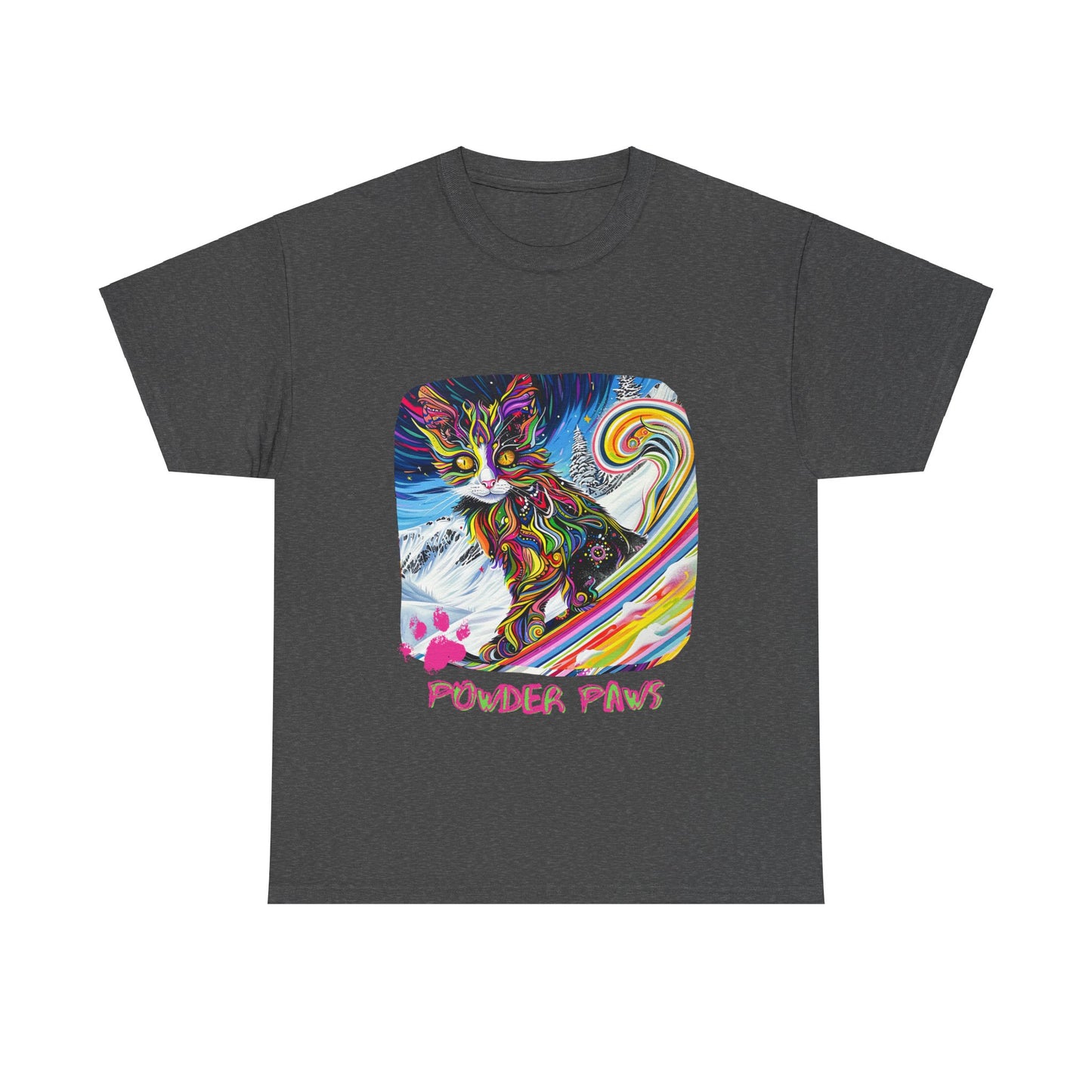 Powder Paws Snow, Snowboard Winter Sports Cat - Cat Art Graphic Tee, Ski Gift - Cool Cats Unisex Heavy Cotton Tee T-Shirt